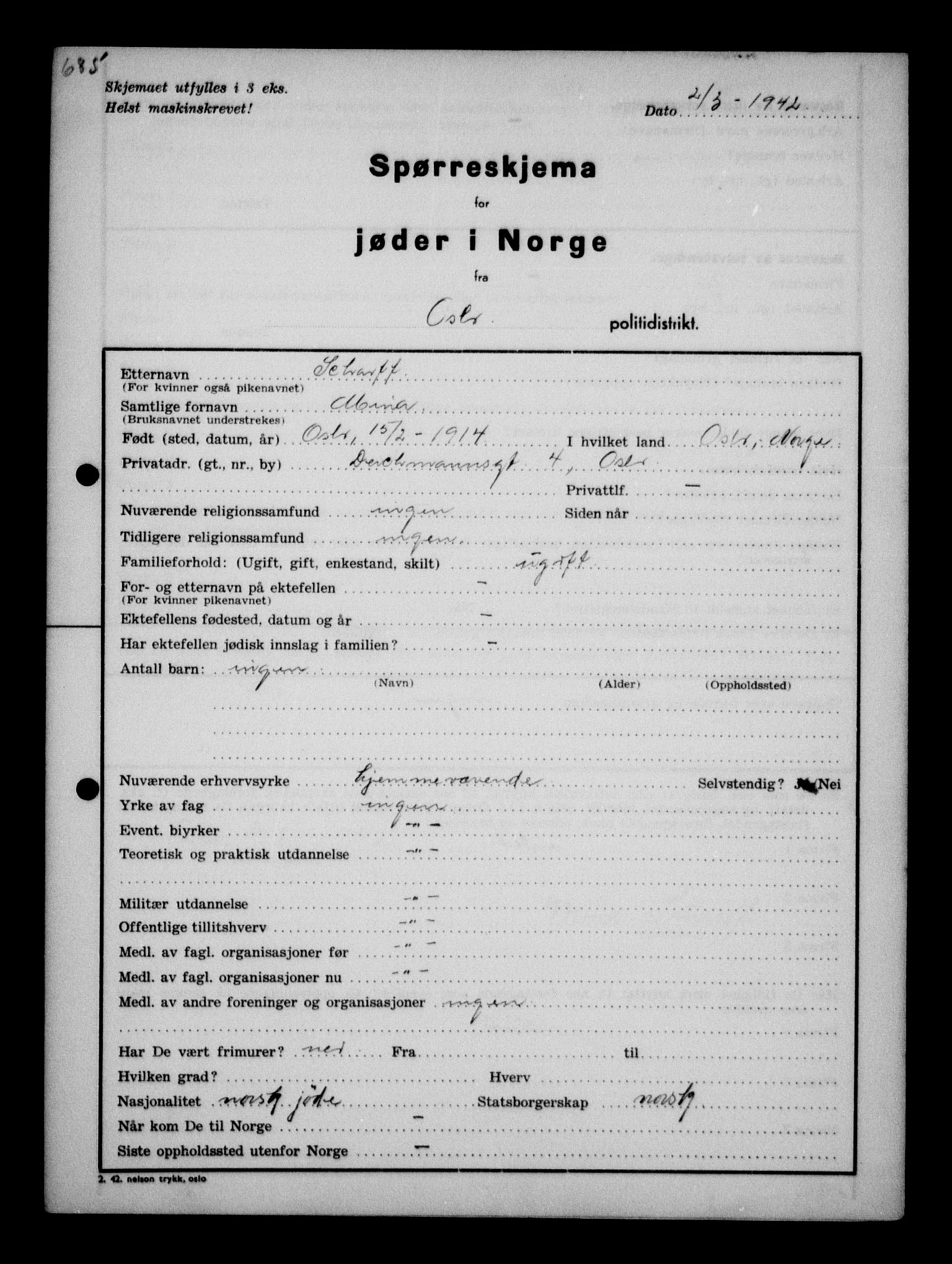 Statspolitiet - Hovedkontoret / Osloavdelingen, AV/RA-S-1329/G/Ga/L0011: Spørreskjema for jøder i Norge. 1: Oslo 610-806 (Plavnik-Zwillinger). 2: Aker 1-113 (Adler-Lewin). , 1942, p. 224