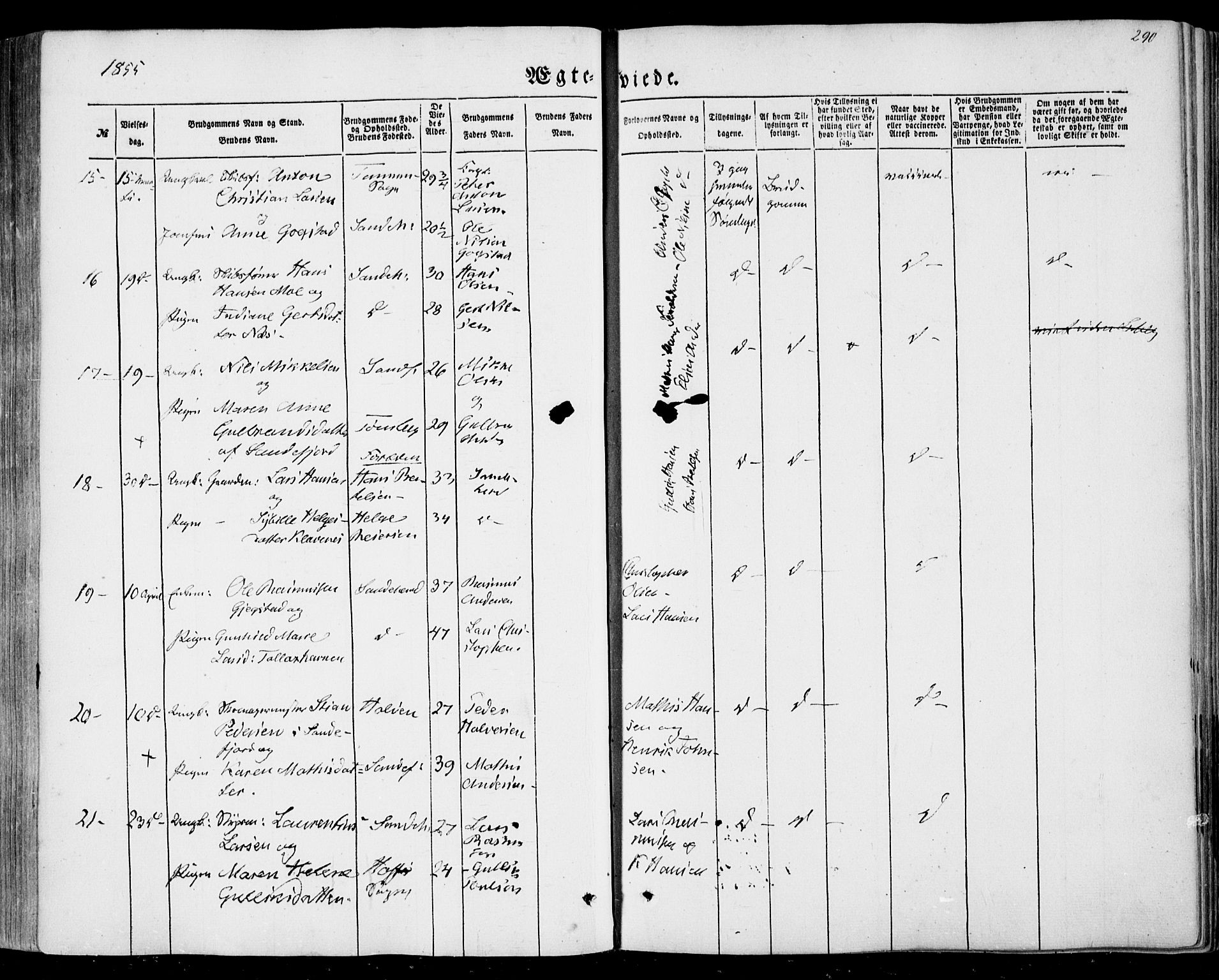 Sandar kirkebøker, SAKO/A-243/F/Fa/L0007: Parish register (official) no. 7, 1855-1861, p. 290