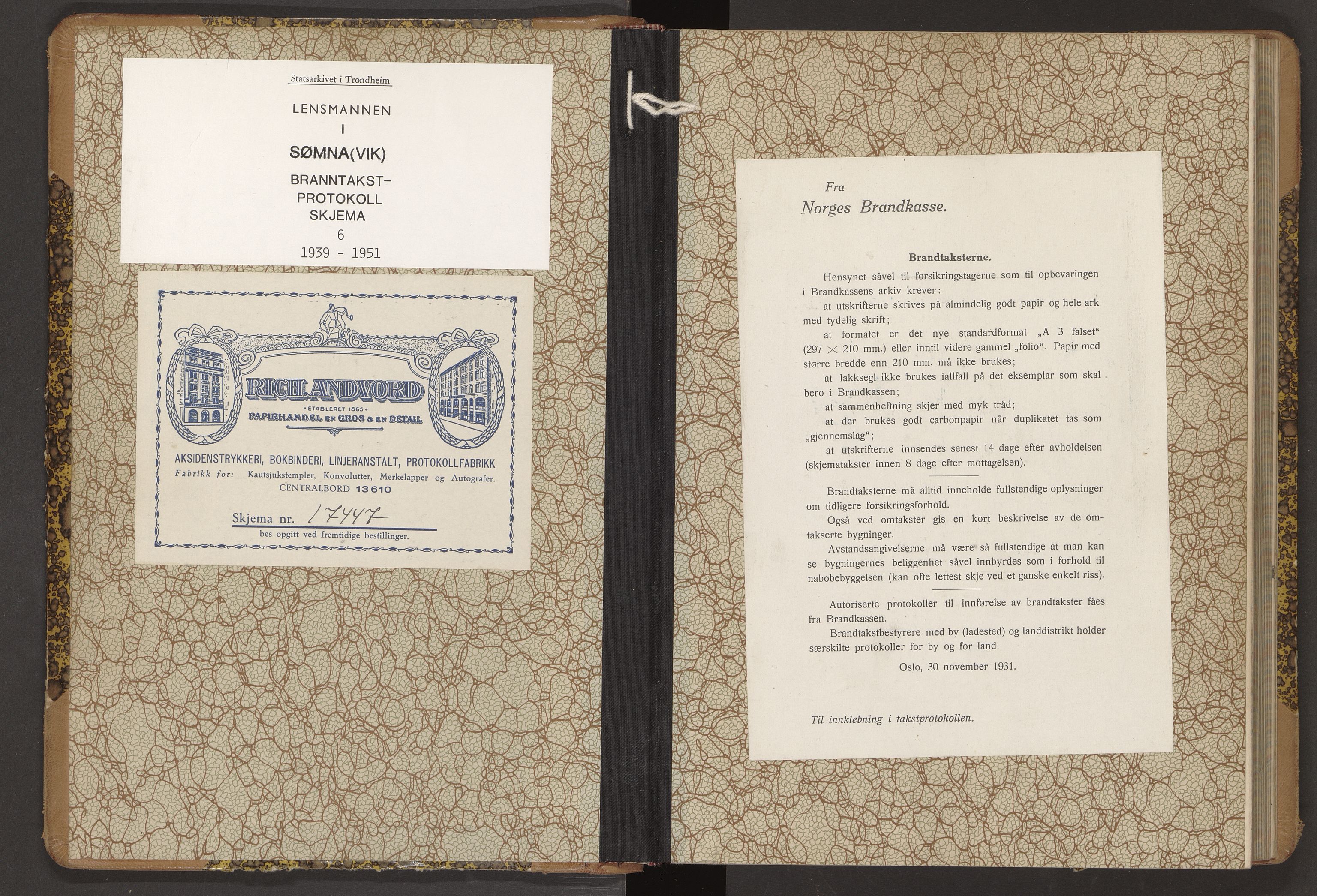 Norges Brannkasse Sømna/Vik, SAT/A-5560/Fb/L0006: Branntakstprotokoll, 1939-1951