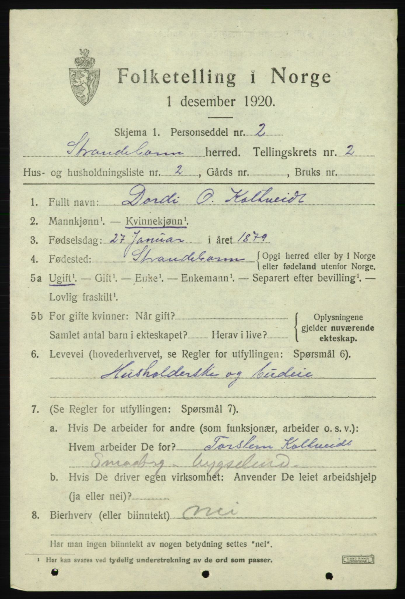 SAB, 1920 census for Strandebarm, 1920, p. 1878