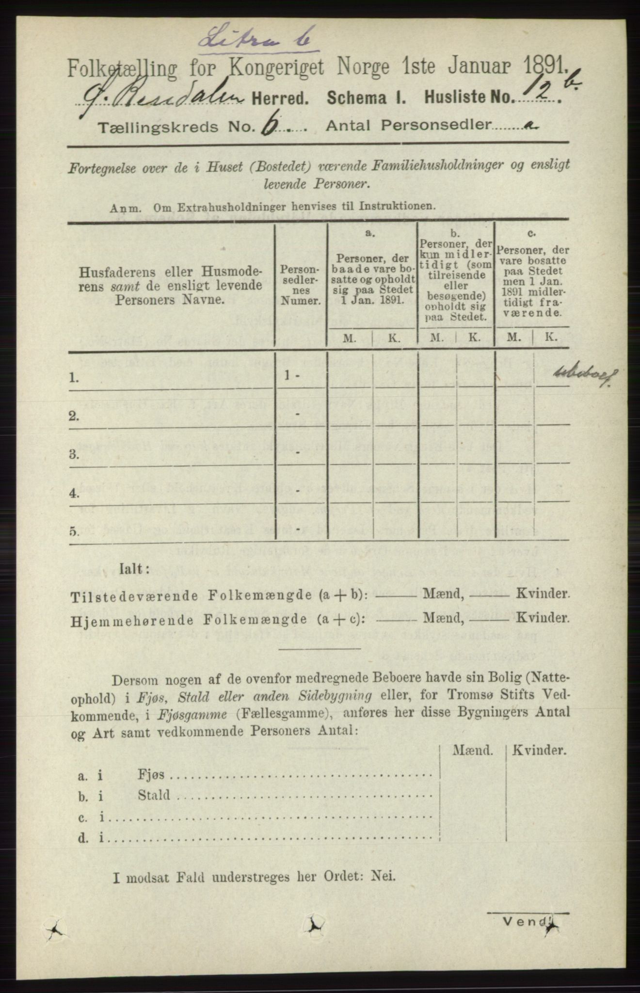 RA, 1891 census for 0433 Øvre Rendal, 1891, p. 1584