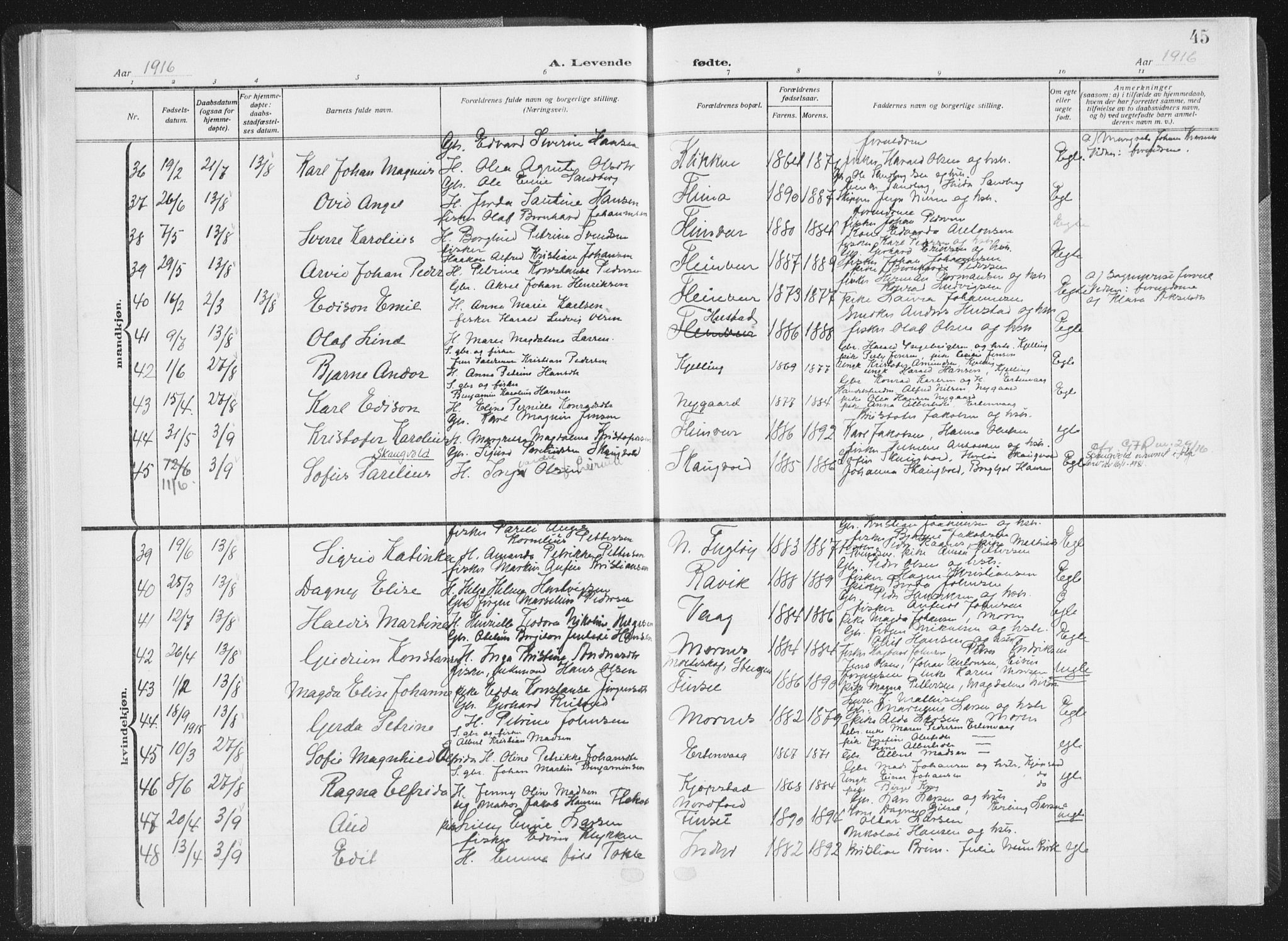 Ministerialprotokoller, klokkerbøker og fødselsregistre - Nordland, SAT/A-1459/805/L0104: Parish register (official) no. 805A09, 1909-1926, p. 45