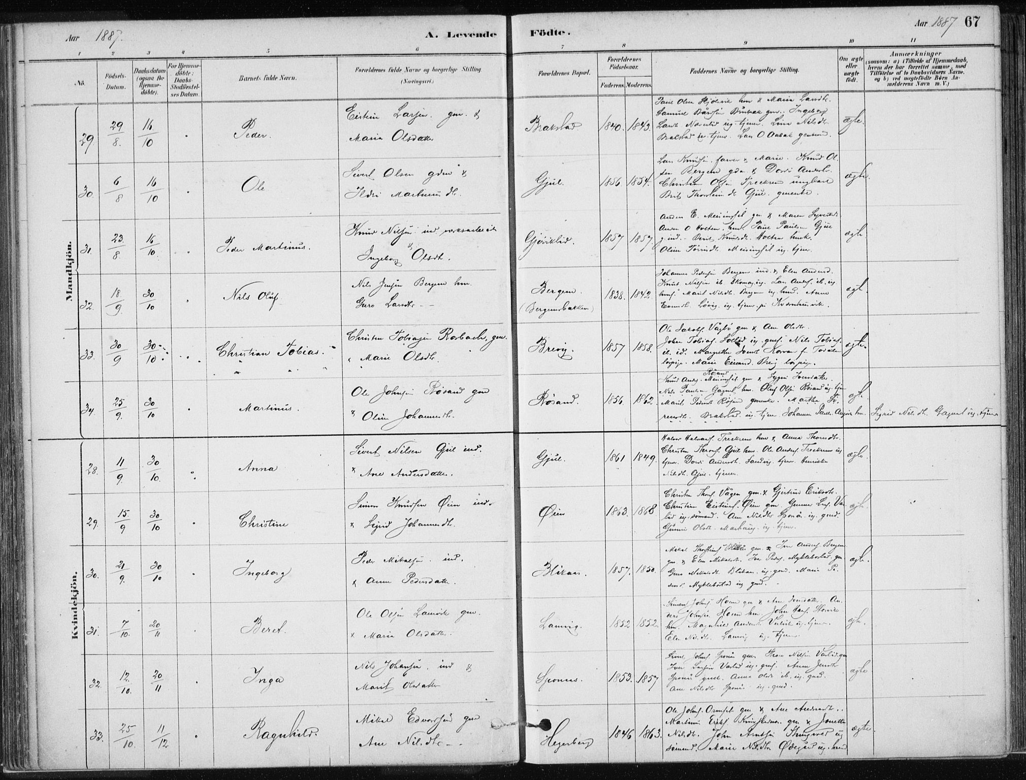 Ministerialprotokoller, klokkerbøker og fødselsregistre - Møre og Romsdal, AV/SAT-A-1454/586/L0987: Parish register (official) no. 586A13, 1879-1892, p. 67