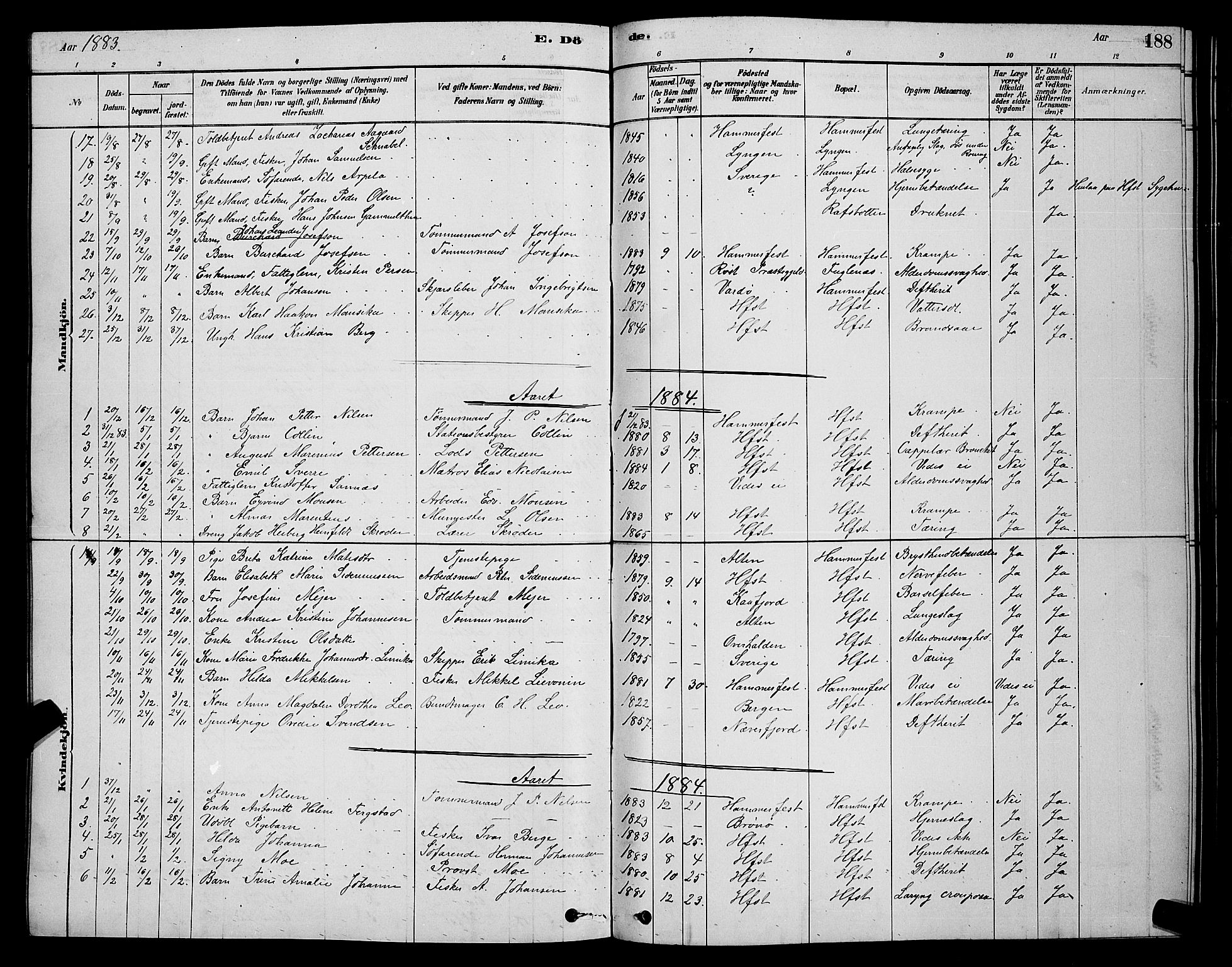 Hammerfest sokneprestkontor, SATØ/S-1347/H/Hb/L0006.klokk: Parish register (copy) no. 6, 1876-1884, p. 188