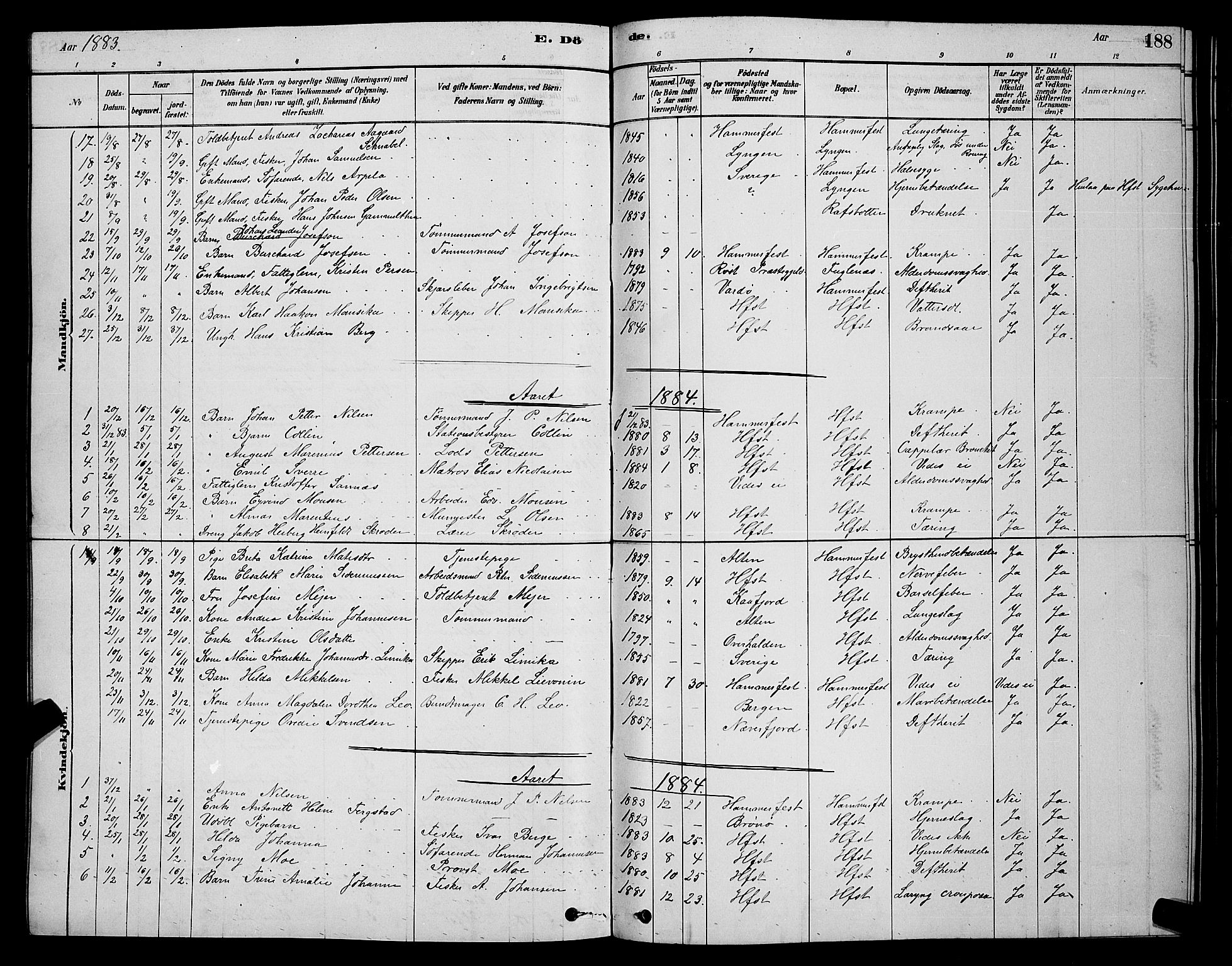 Hammerfest sokneprestkontor, AV/SATØ-S-1347/H/Hb/L0006.klokk: Parish register (copy) no. 6, 1876-1884, p. 188