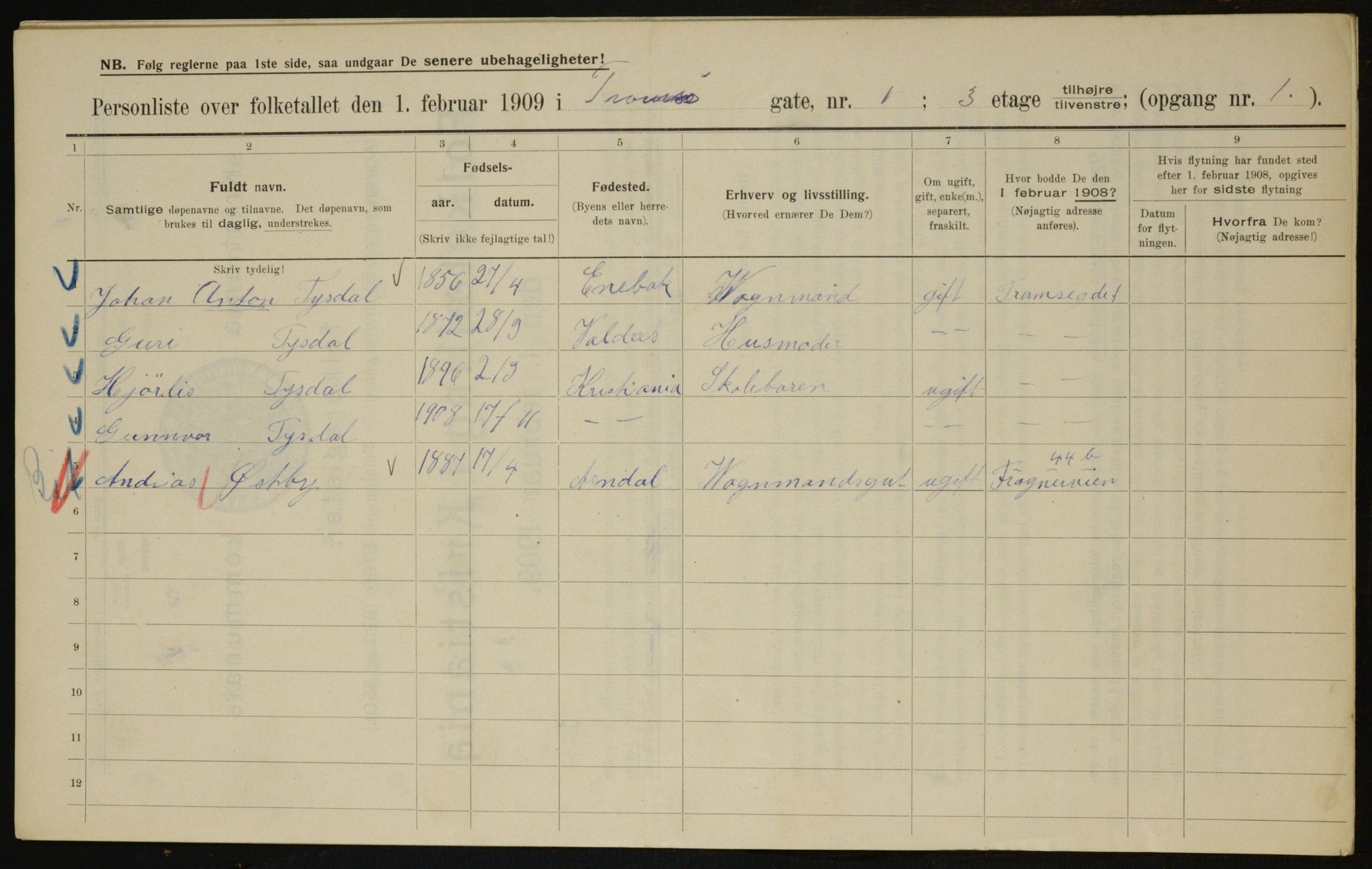 OBA, Municipal Census 1909 for Kristiania, 1909, p. 104841