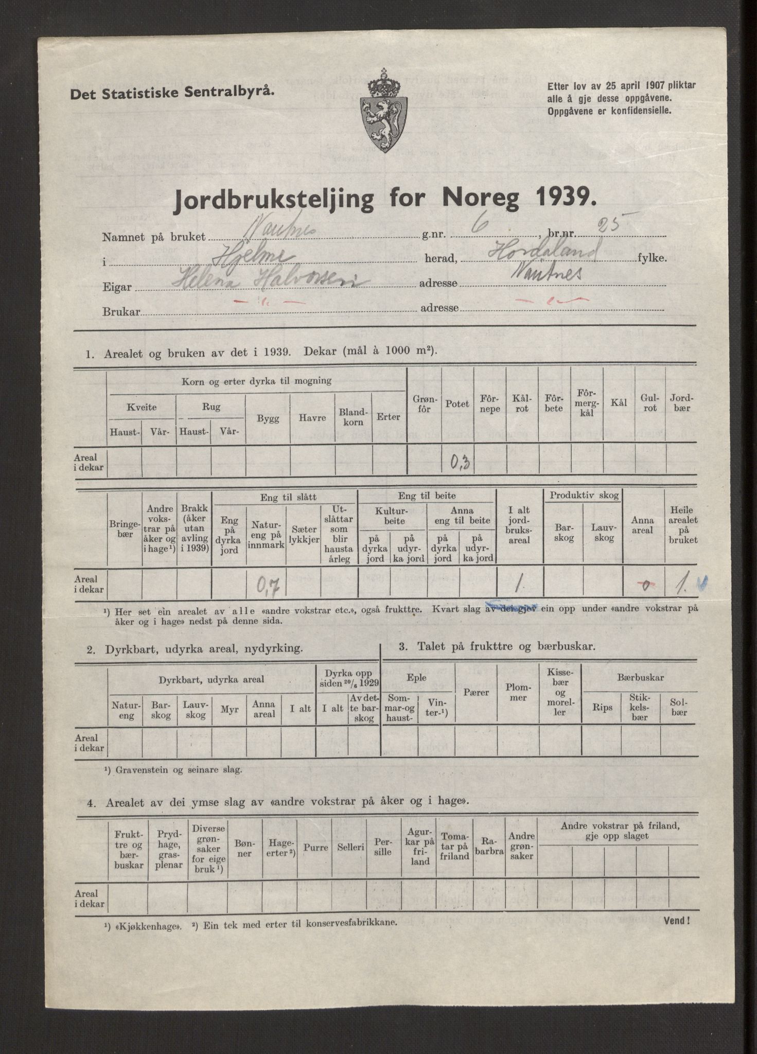 Statistisk sentralbyrå, Næringsøkonomiske emner, Jordbruk, skogbruk, jakt, fiske og fangst, AV/RA-S-2234/G/Gb/L0211: Hordaland: Herdla, Hjelme og Manger, 1939, p. 1147