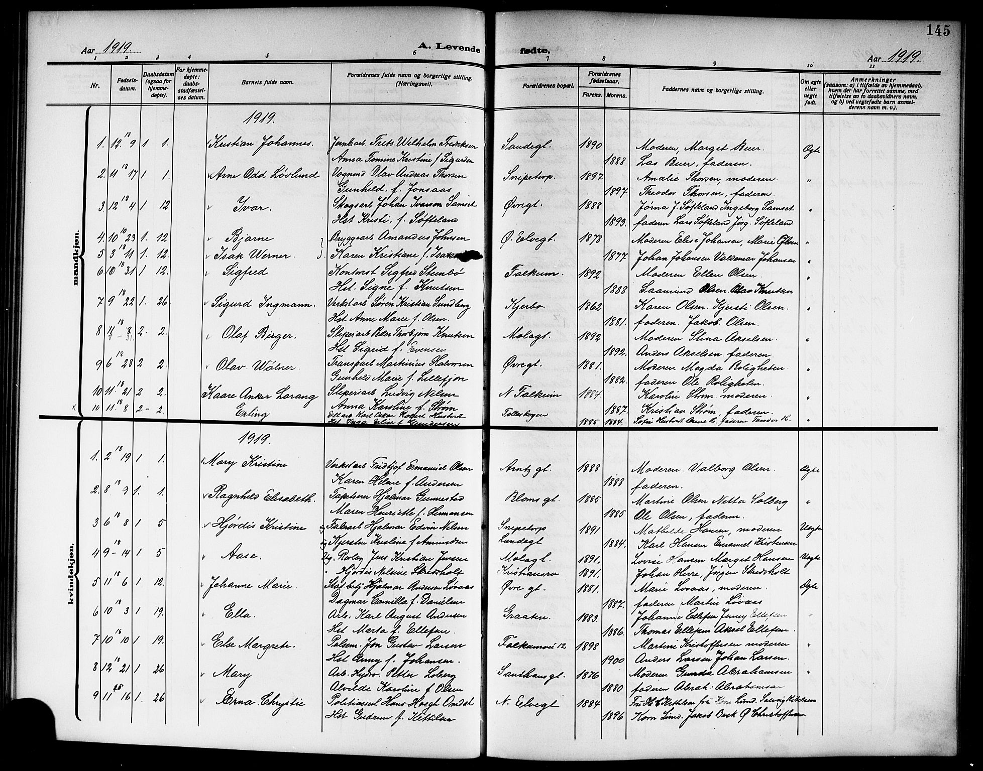 Skien kirkebøker, SAKO/A-302/G/Ga/L0009: Parish register (copy) no. 9, 1910-1920, p. 145
