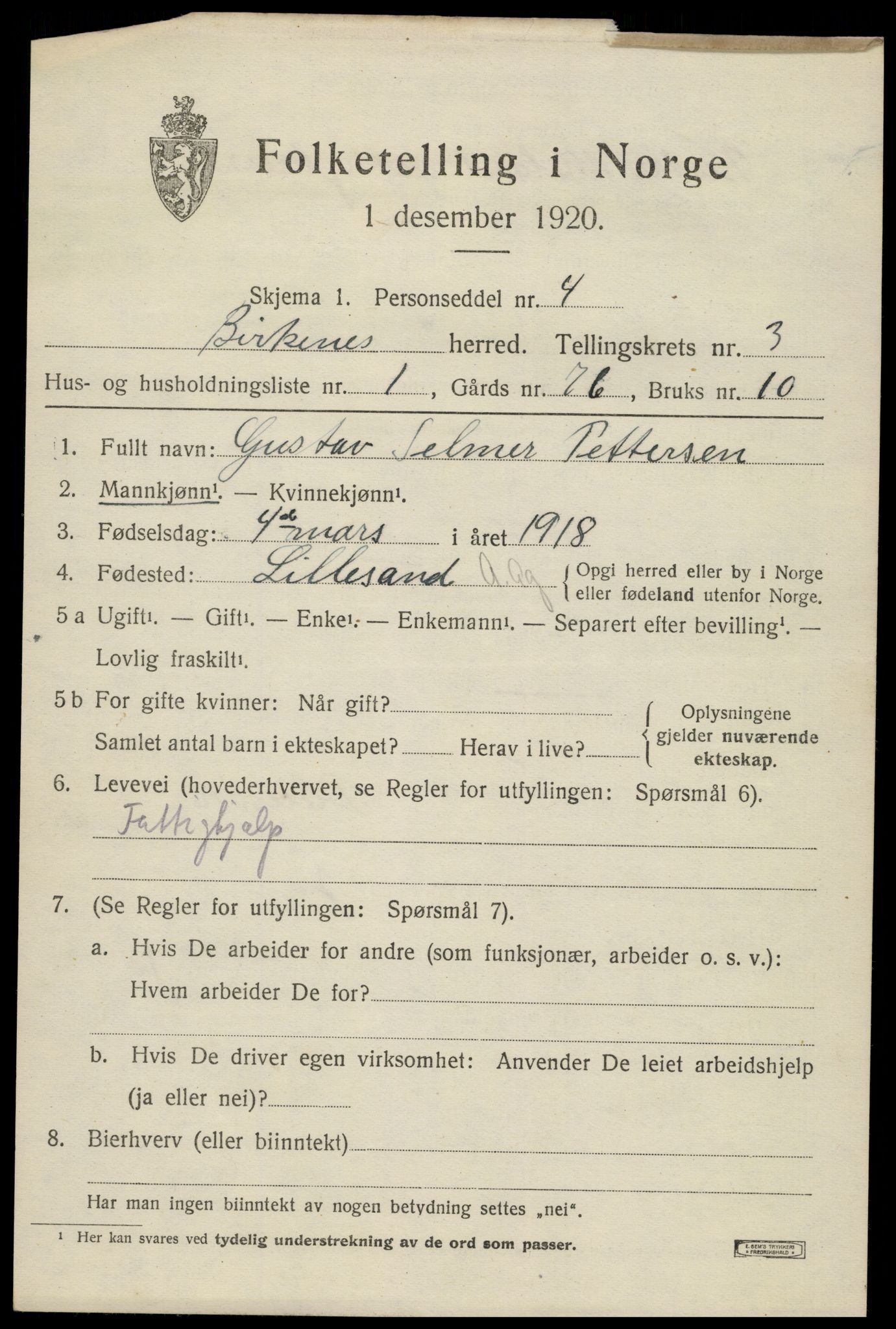 SAK, 1920 census for Birkenes, 1920, p. 1427