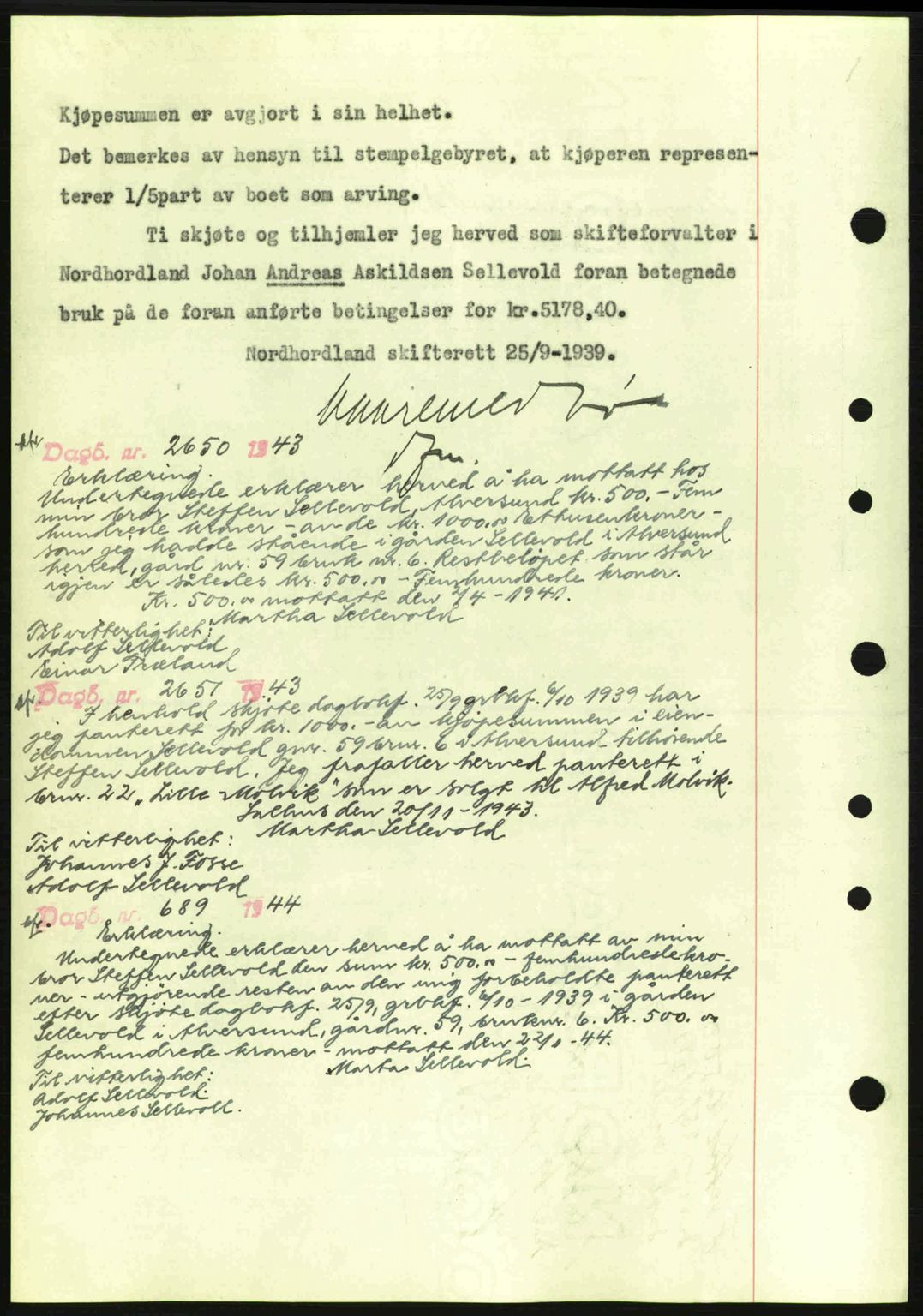 Nordhordland sorenskrivar, SAB/A-2901/1/G/Gb/Gbf/L0010: Mortgage book no. A10, 1939-1940, Diary no: : 2547/1939