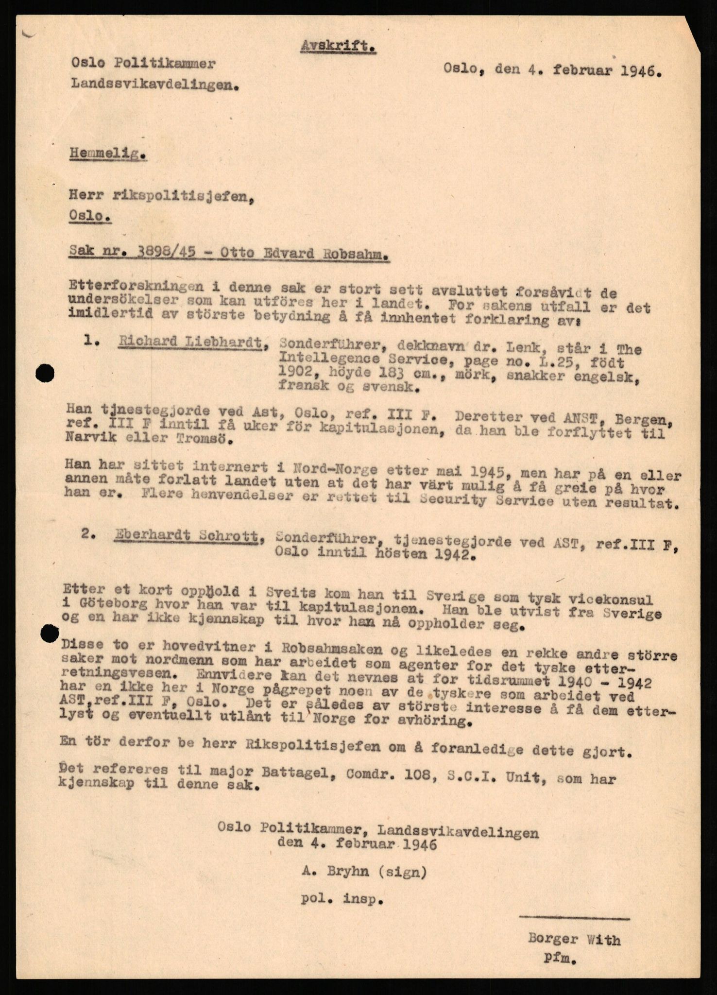 Forsvaret, Forsvarets overkommando II, AV/RA-RAFA-3915/D/Db/L0027: CI Questionaires. Tyske okkupasjonsstyrker i Norge. Tyskere., 1945-1946, p. 183