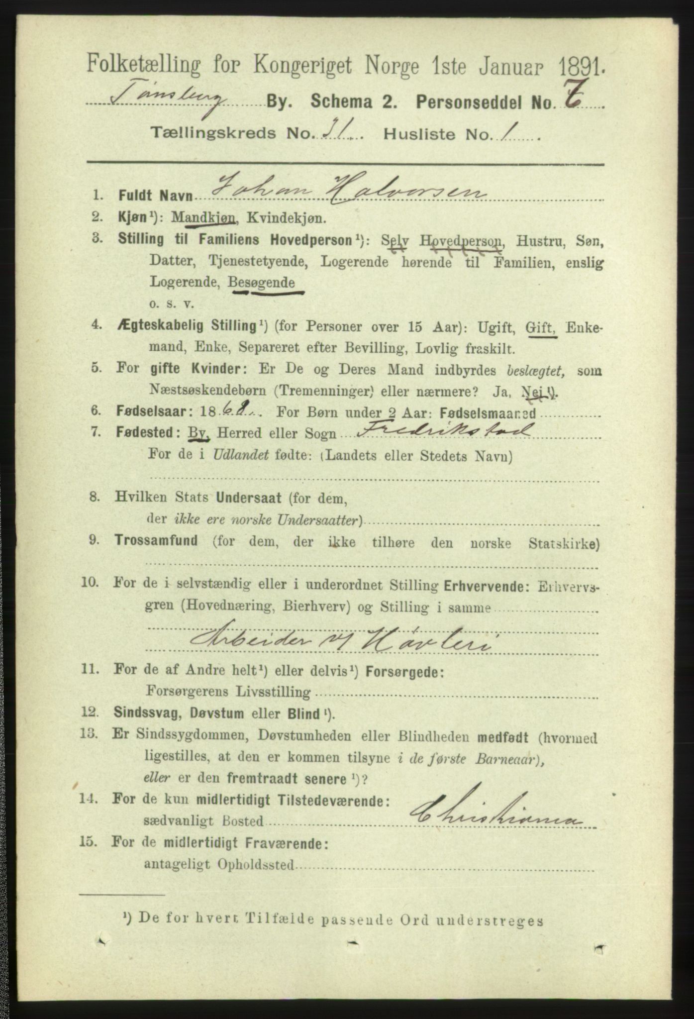 RA, 1891 census for 0705 Tønsberg, 1891, p. 7382