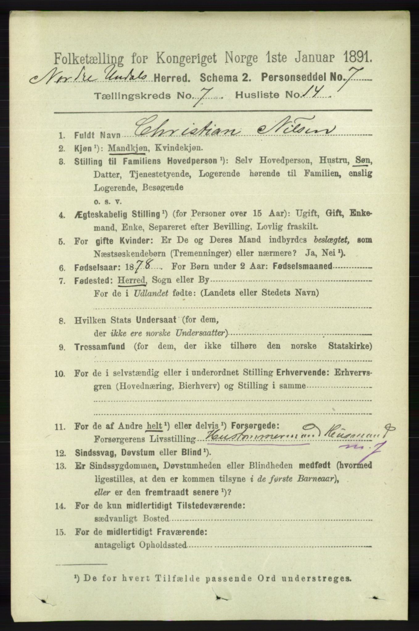 RA, 1891 census for 1028 Nord-Audnedal, 1891, p. 1877