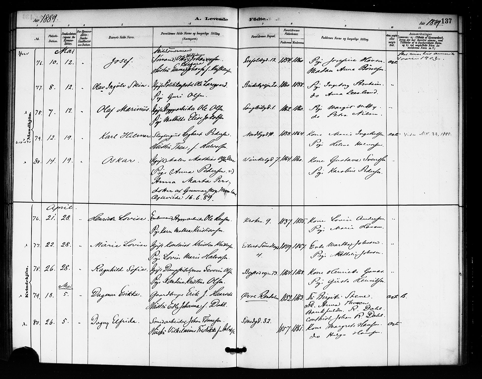 Rikshospitalet prestekontor Kirkebøker, SAO/A-10309b/F/L0007: Parish register (official) no. 7, 1885-1890, p. 137