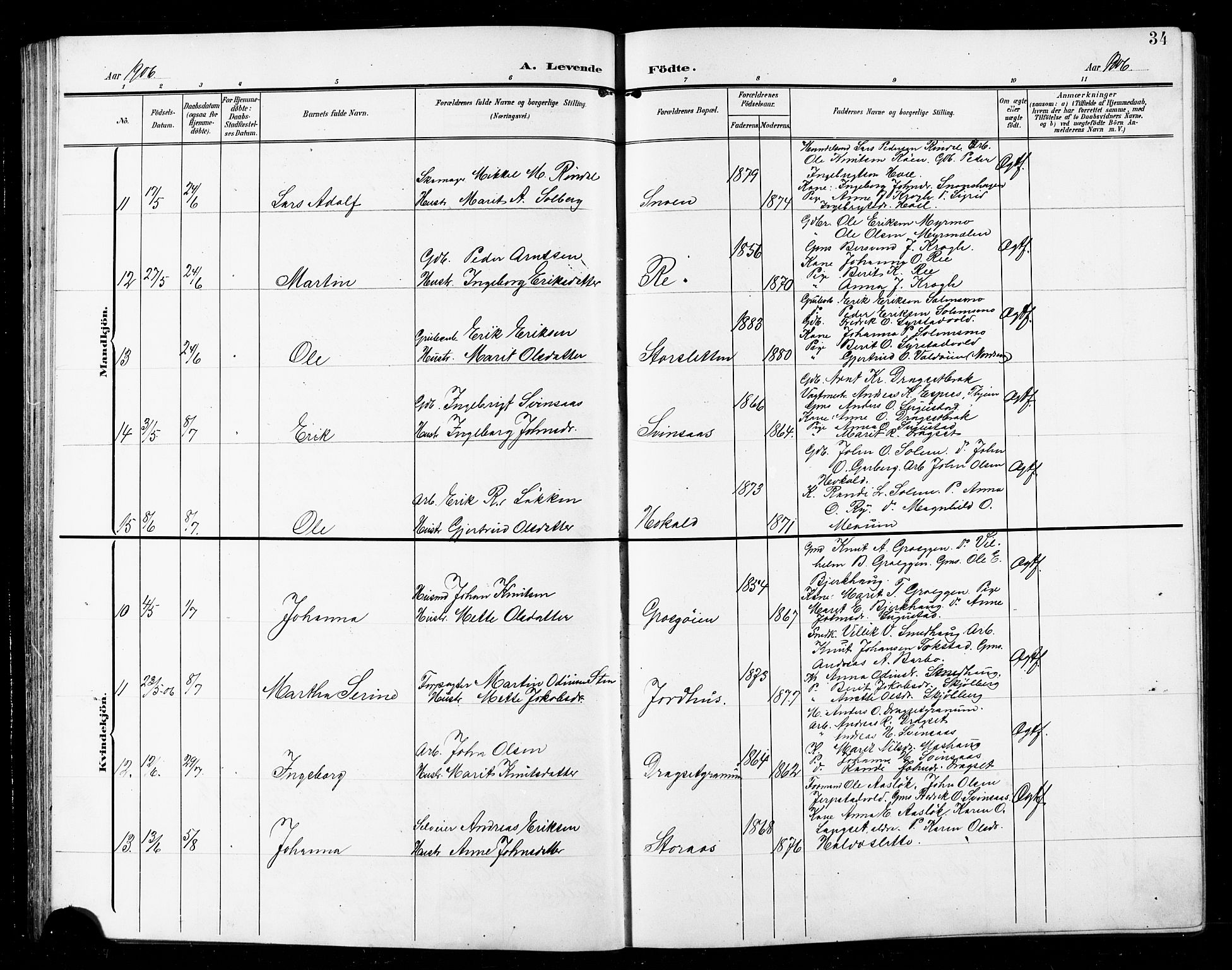 Ministerialprotokoller, klokkerbøker og fødselsregistre - Sør-Trøndelag, AV/SAT-A-1456/672/L0864: Parish register (copy) no. 672C03, 1902-1914, p. 34