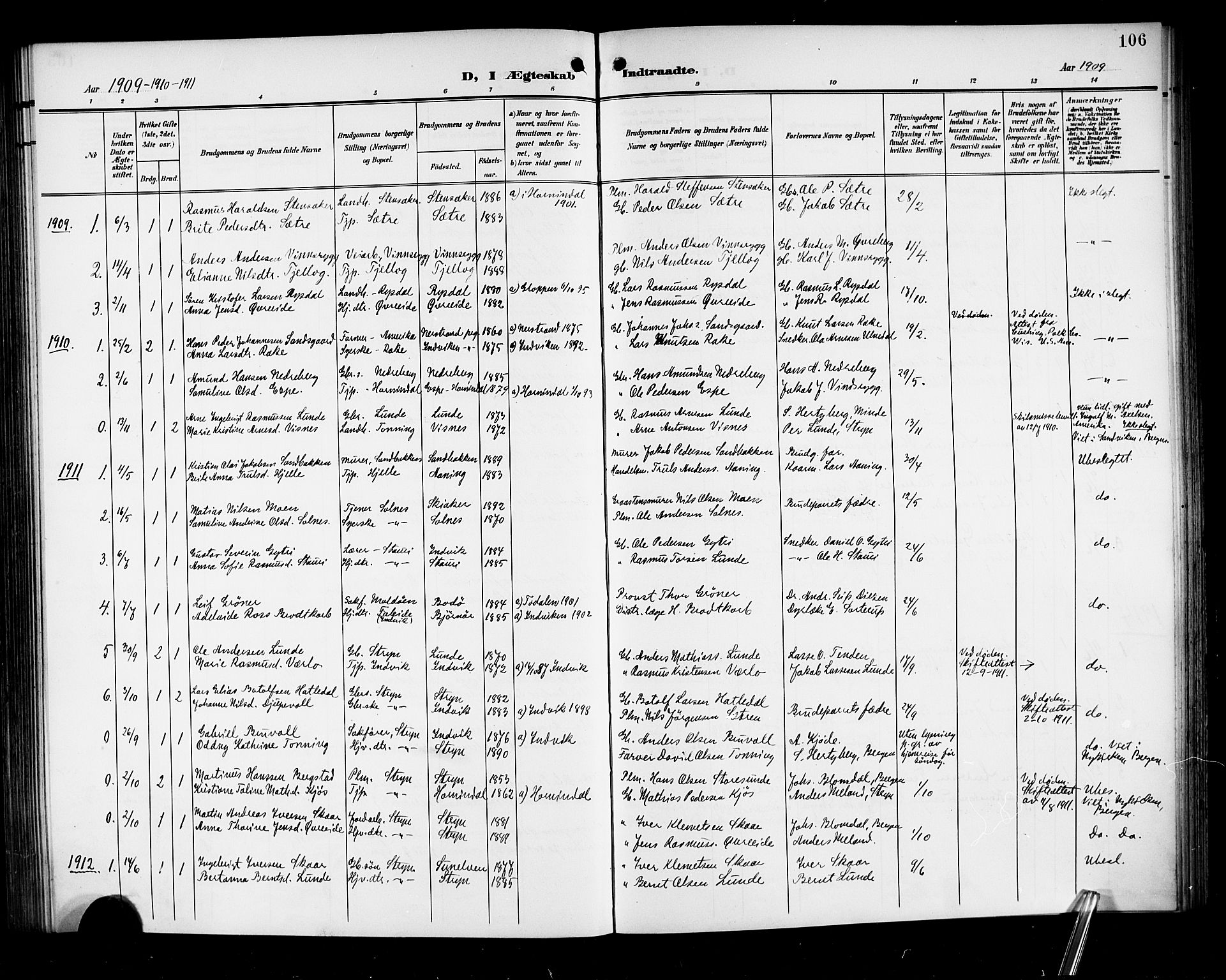 Stryn Sokneprestembete, AV/SAB-A-82501: Parish register (copy) no. A 3, 1906-1924, p. 106