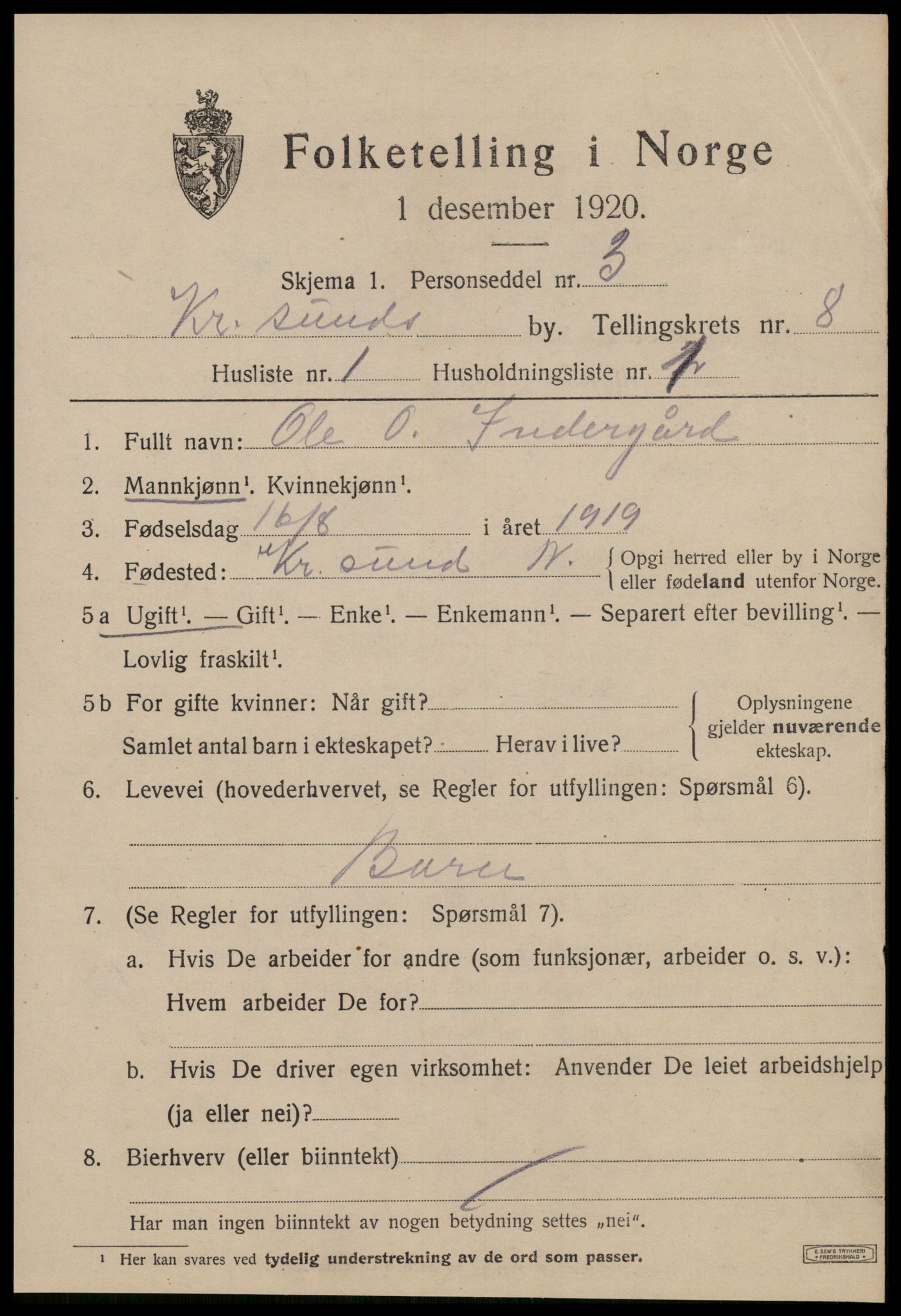 SAT, 1920 census for Kristiansund, 1920, p. 19837