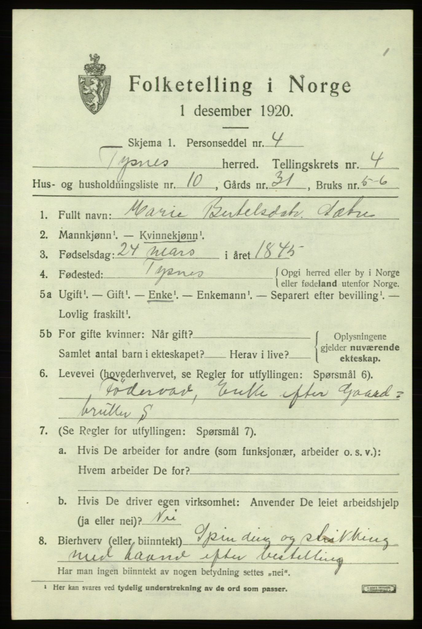 SAB, 1920 census for Tysnes, 1920, p. 3308