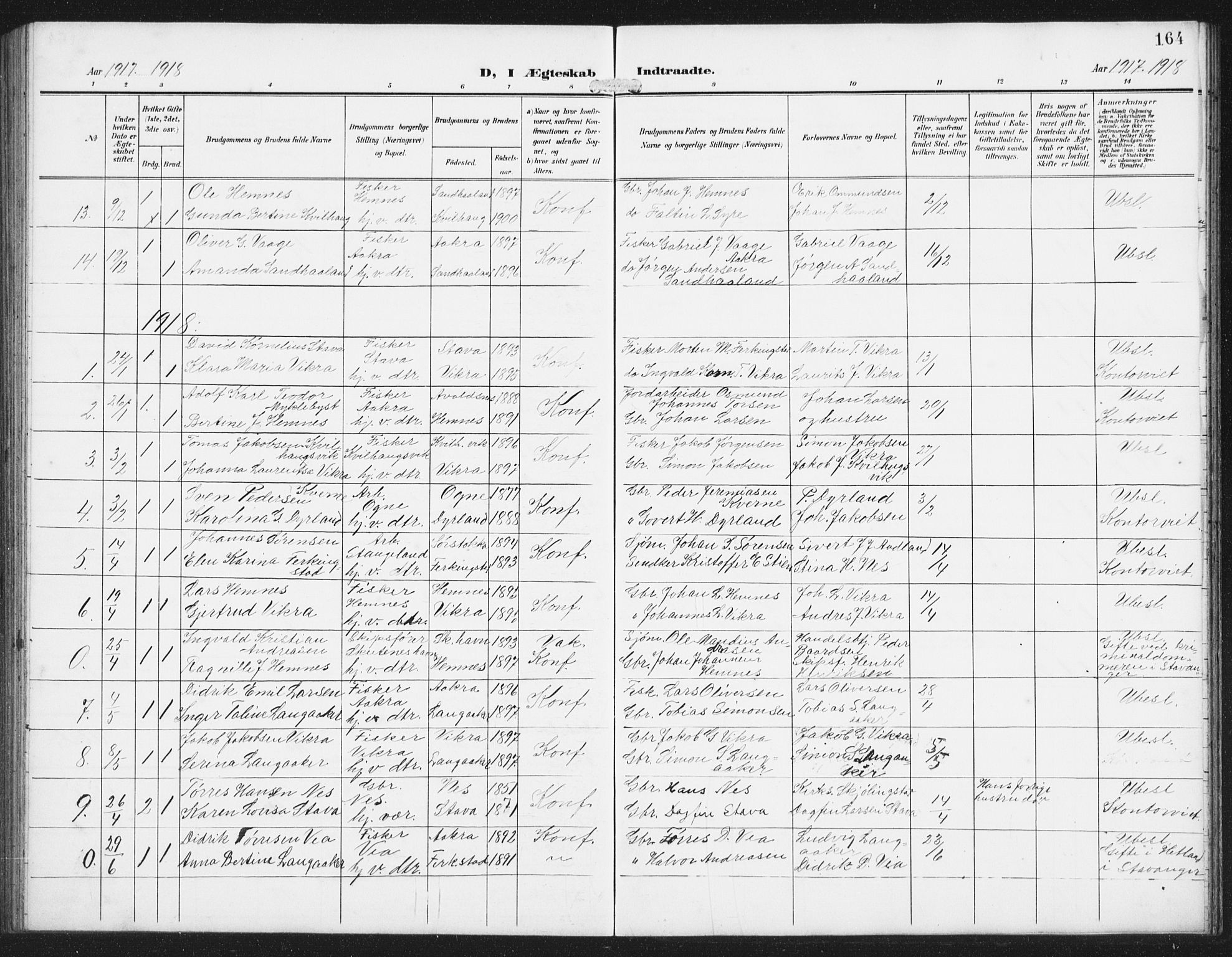 Skudenes sokneprestkontor, SAST/A -101849/H/Ha/Hab/L0011: Parish register (copy) no. B 11, 1909-1943, p. 164