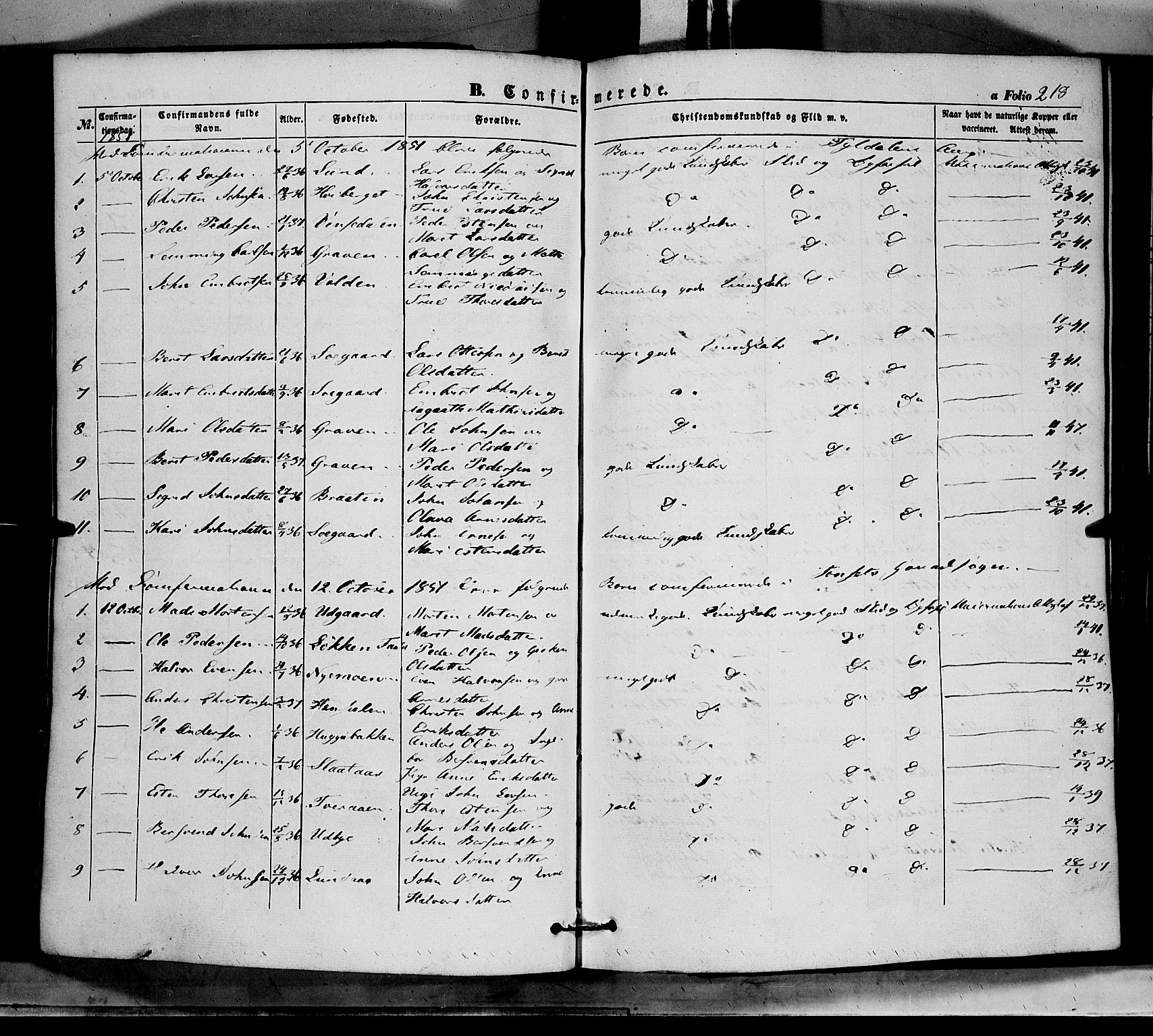 Tynset prestekontor, SAH/PREST-058/H/Ha/Haa/L0020: Parish register (official) no. 20, 1848-1862, p. 218