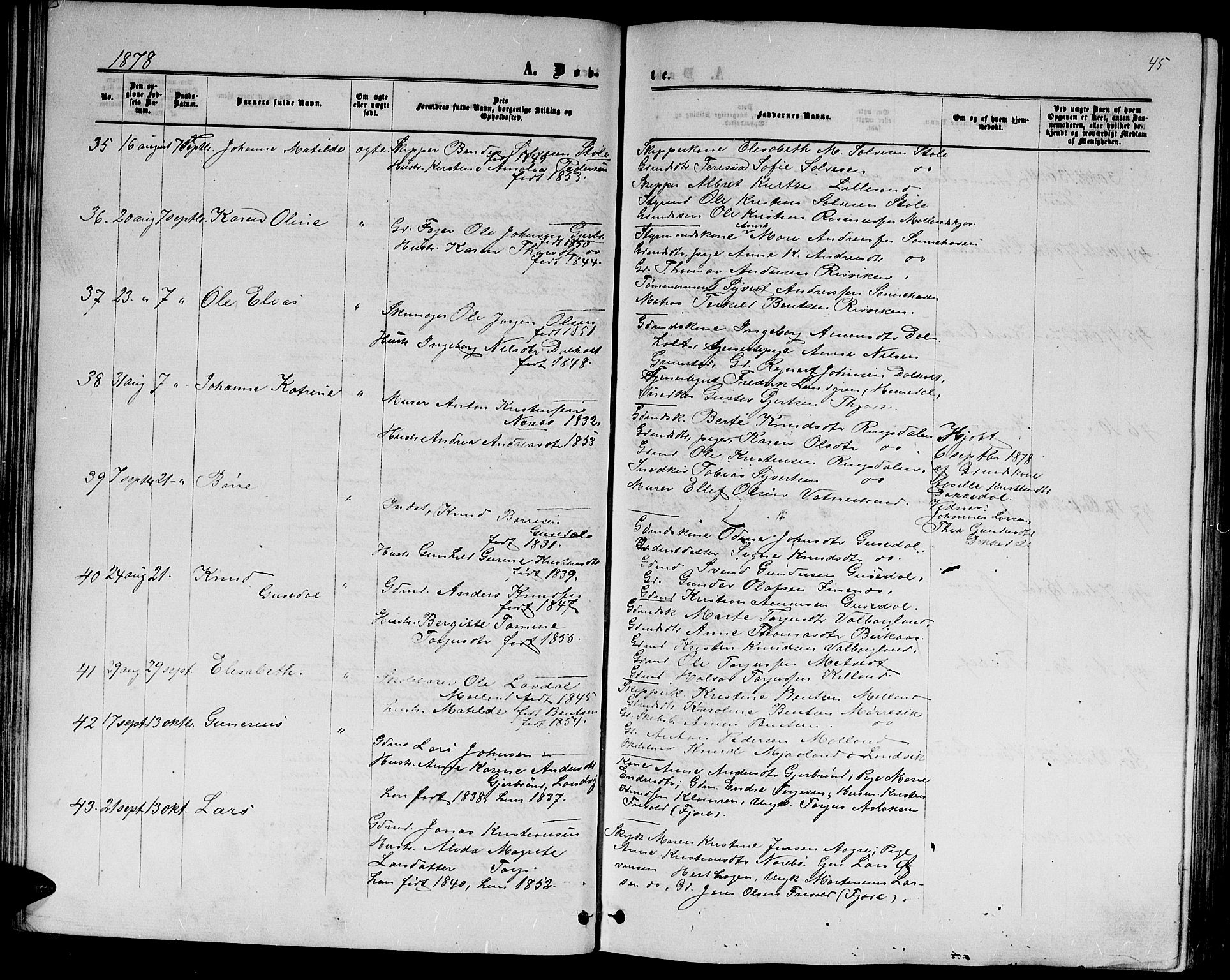 Hommedal sokneprestkontor, AV/SAK-1111-0023/F/Fb/Fbb/L0006: Parish register (copy) no. B 6, 1869-1884, p. 45