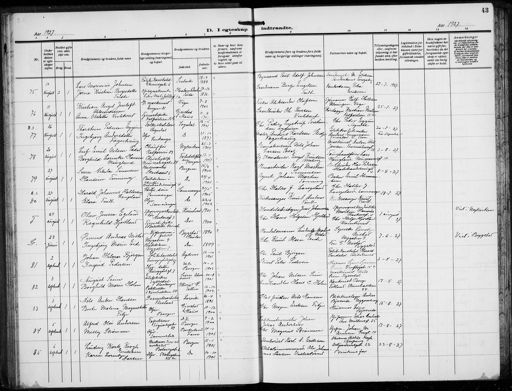 Domkirken sokneprestembete, AV/SAB-A-74801/H/Hab/L0034: Parish register (copy) no. D 6, 1924-1941, p. 43