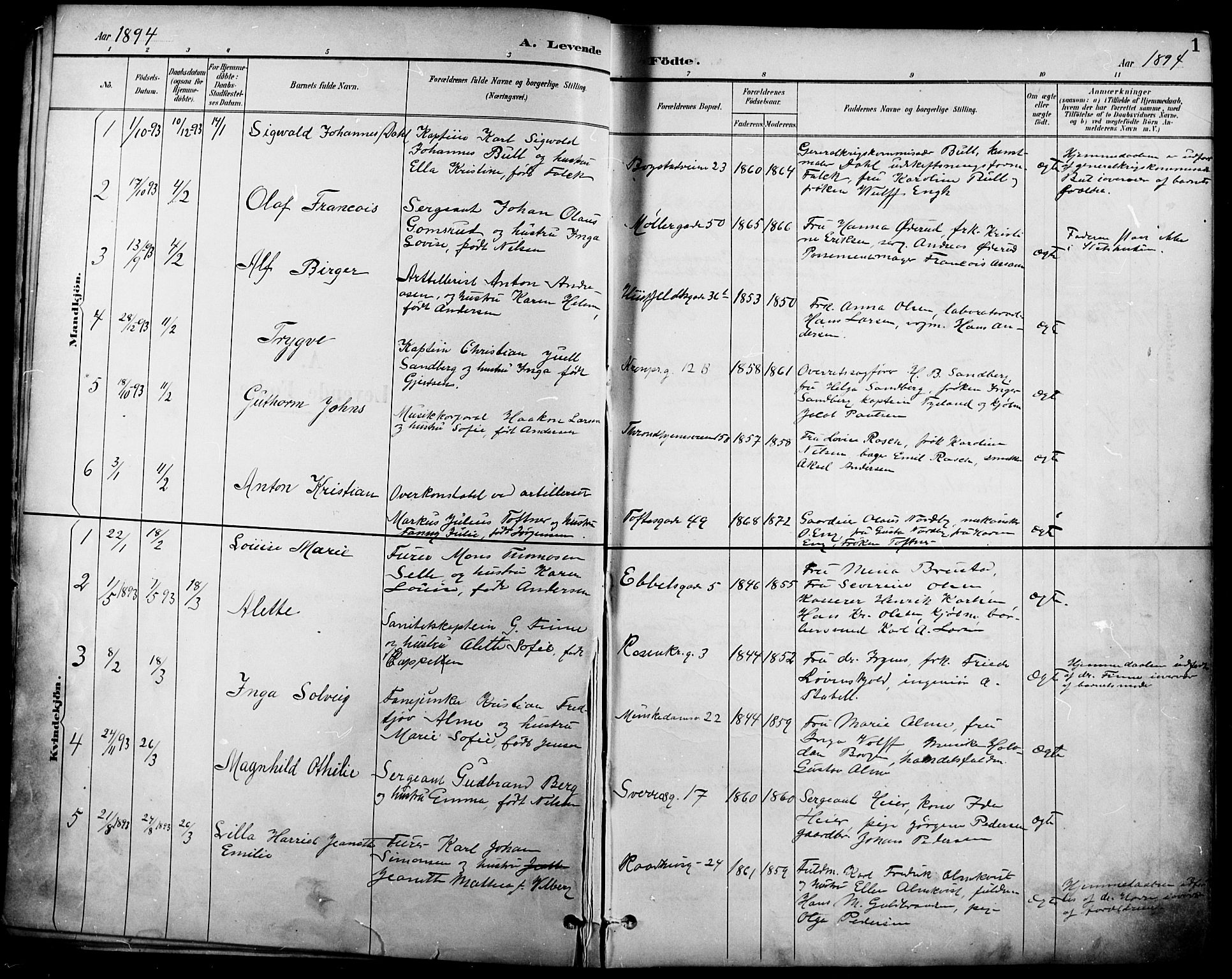 Garnisonsmenigheten Kirkebøker, SAO/A-10846/F/Fa/L0013: Parish register (official) no. 13, 1894-1904, p. 1