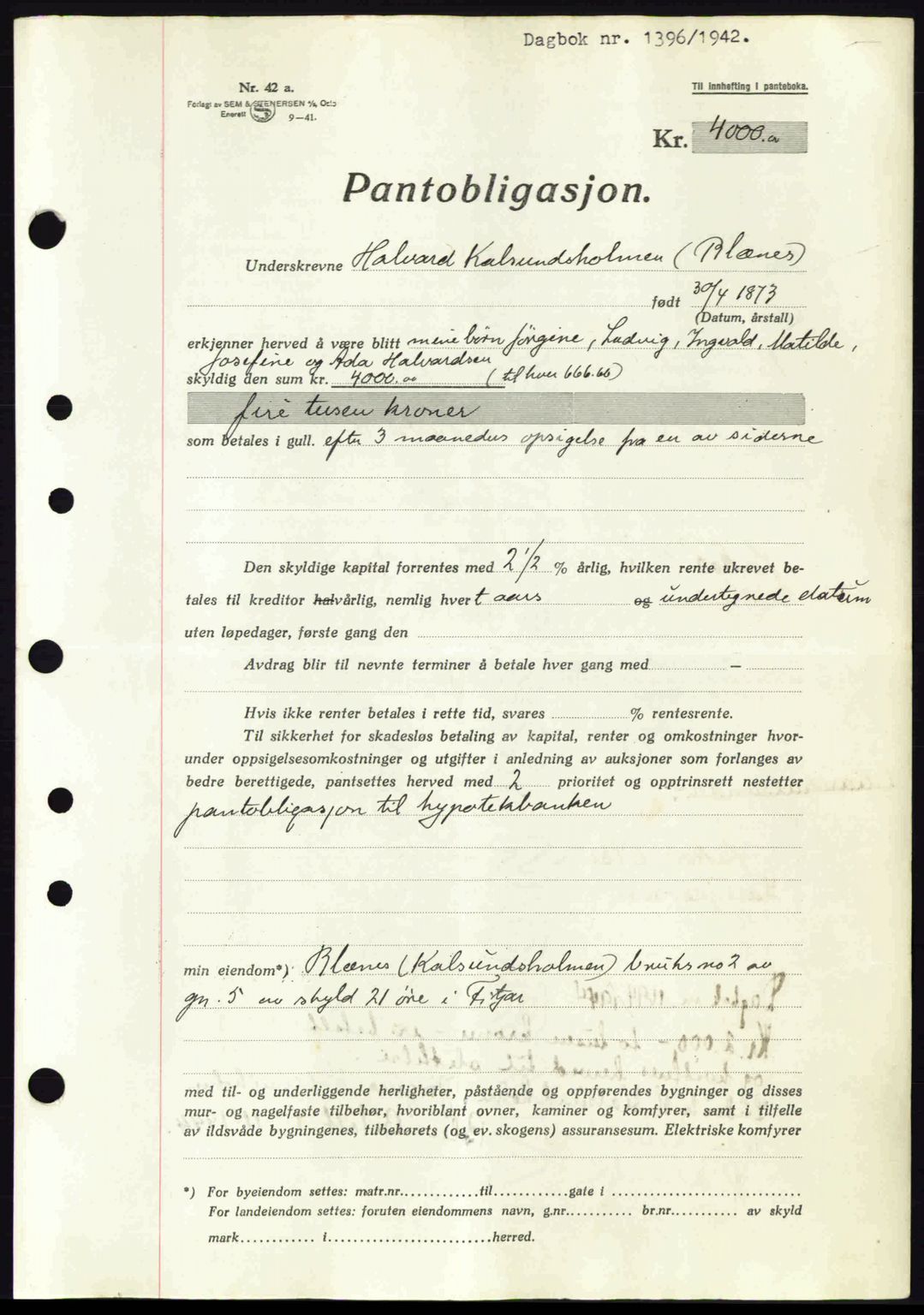 Sunnhordland sorenskrivar, SAB/A-2401: Mortgage book no. Ba, 1937-1945, Diary no: : 1396/1942