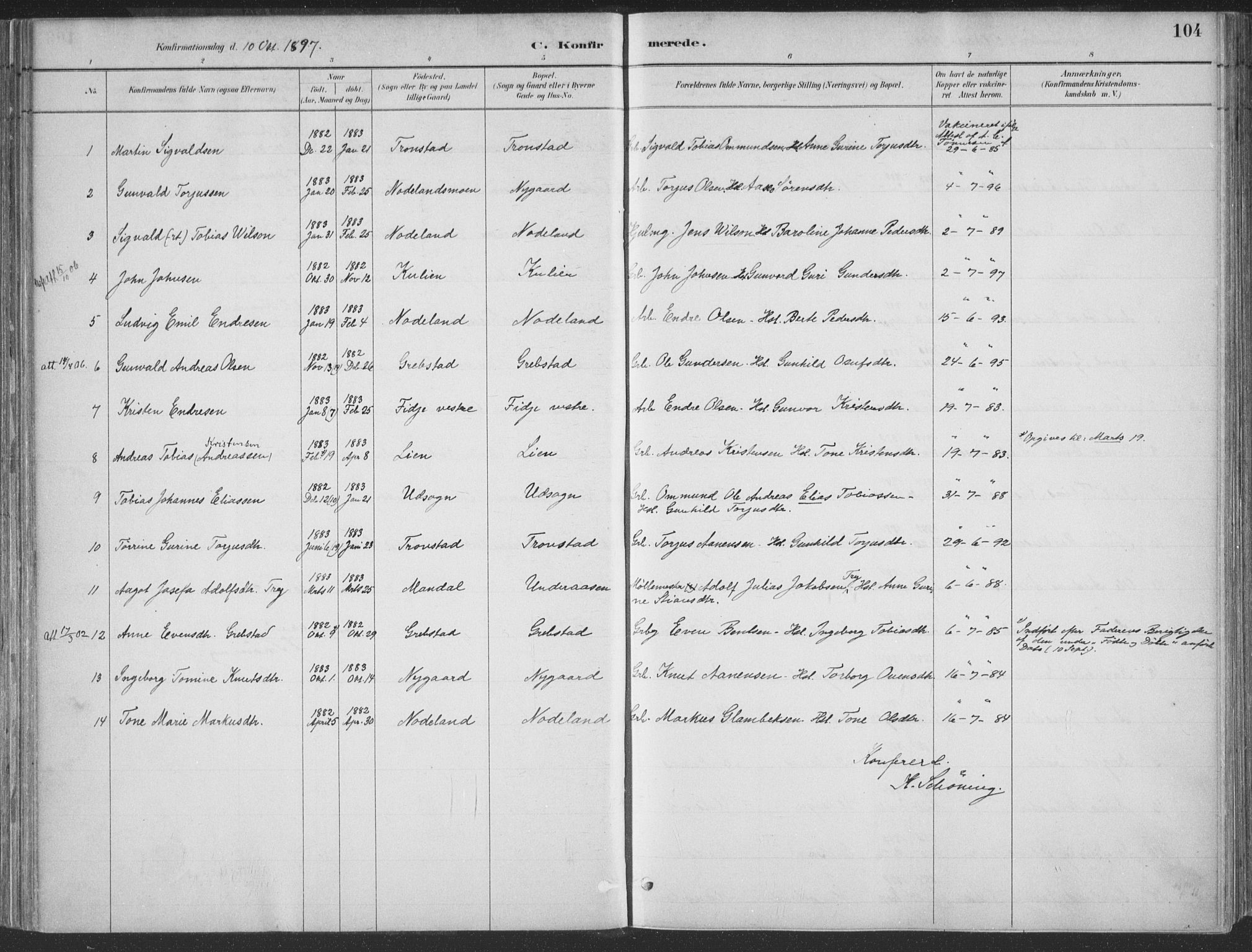 Søgne sokneprestkontor, SAK/1111-0037/F/Fa/Faa/L0003: Parish register (official) no. A 3, 1883-1910, p. 104
