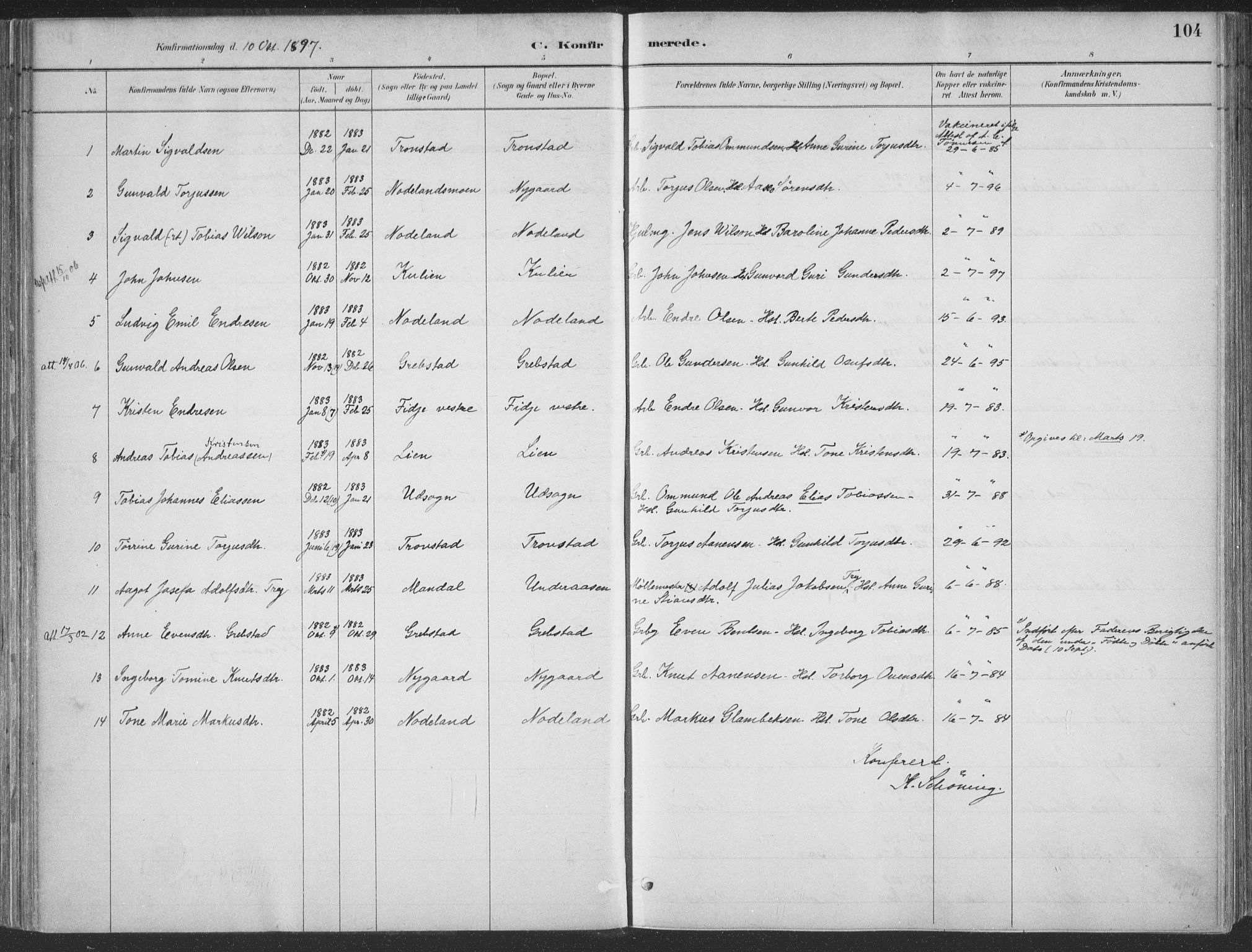 Søgne sokneprestkontor, AV/SAK-1111-0037/F/Fa/Faa/L0003: Parish register (official) no. A 3, 1883-1910, p. 104