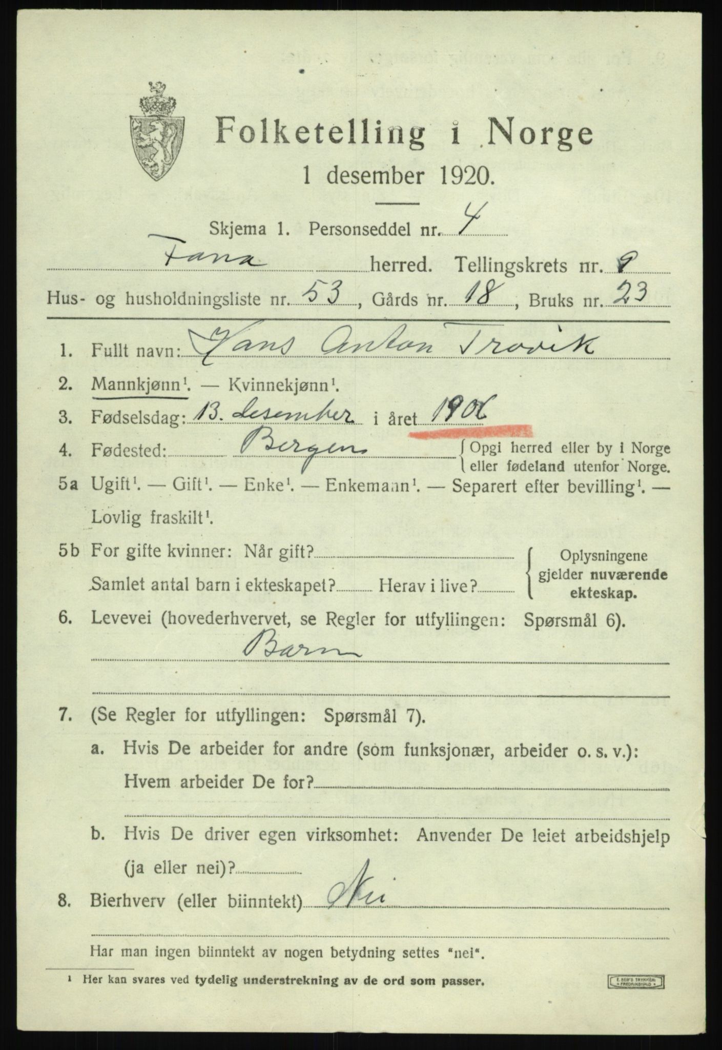 SAB, 1920 census for Fana, 1920, p. 16119