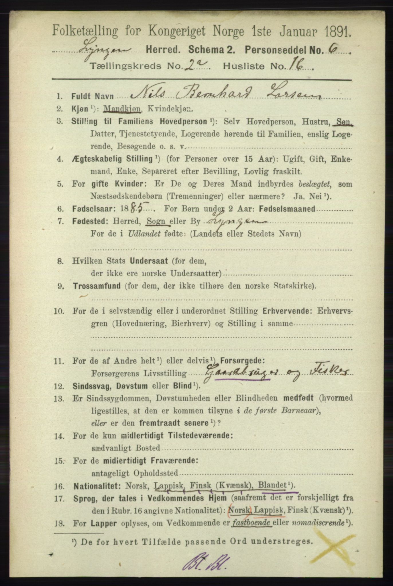 RA, 1891 census for 1938 Lyngen, 1891, p. 2081