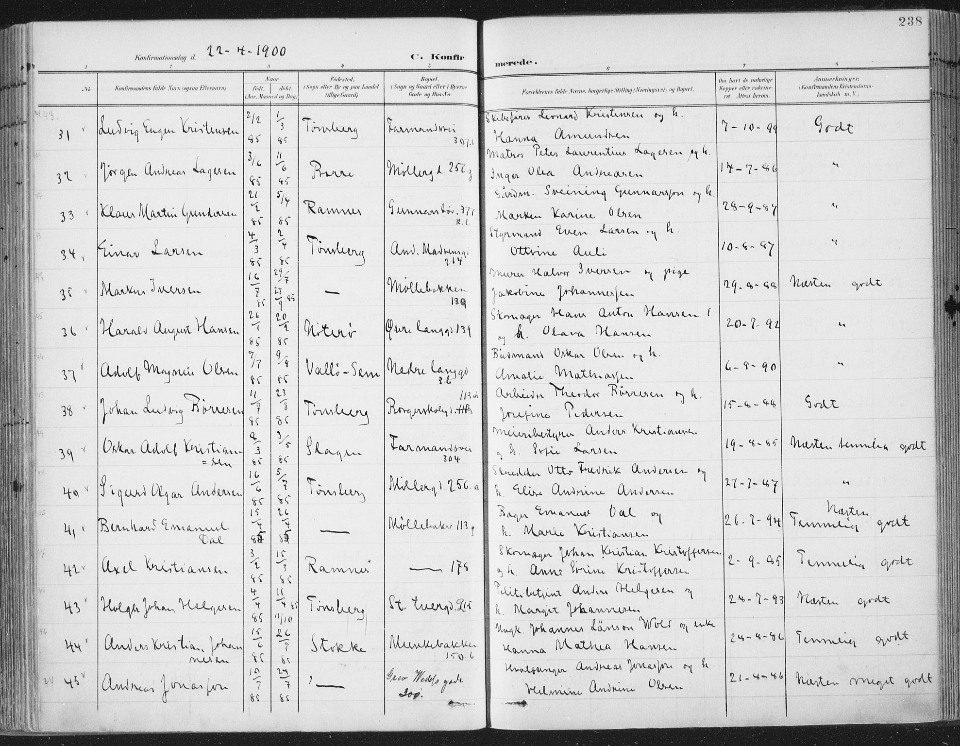 Tønsberg kirkebøker, AV/SAKO-A-330/F/Fa/L0014: Parish register (official) no. I 14, 1900-1913, p. 238