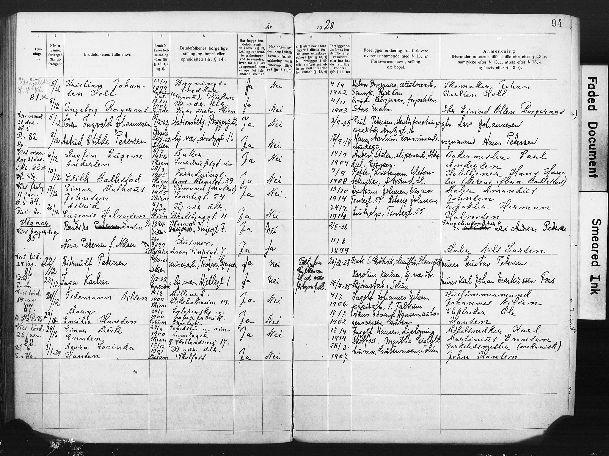 Skien kirkebøker, SAKO/A-302/H/Ha/L0001: Banns register no. 1, 1919-1929, p. 94