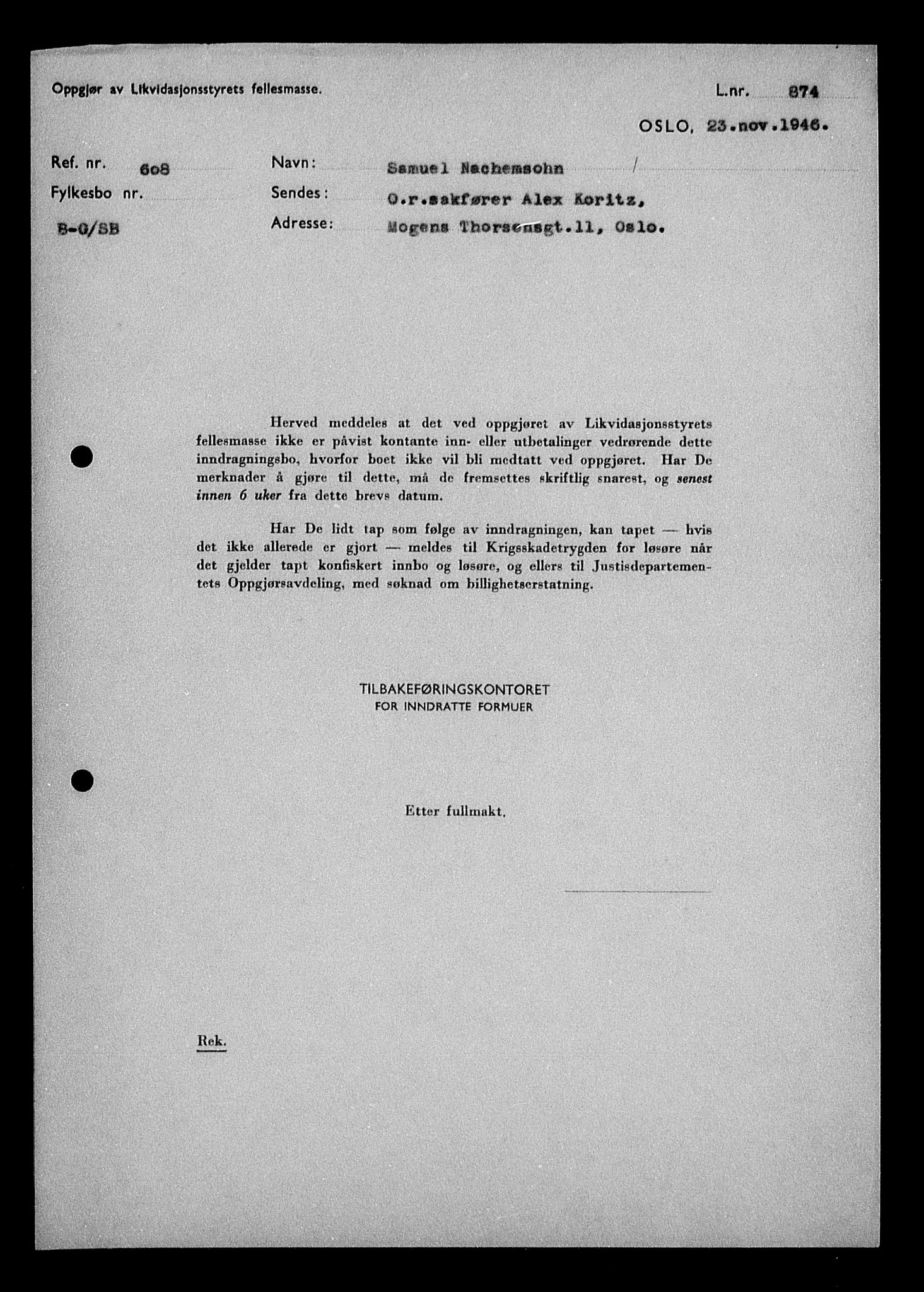 Justisdepartementet, Tilbakeføringskontoret for inndratte formuer, RA/S-1564/H/Hc/Hcc/L0967: --, 1945-1947, p. 84