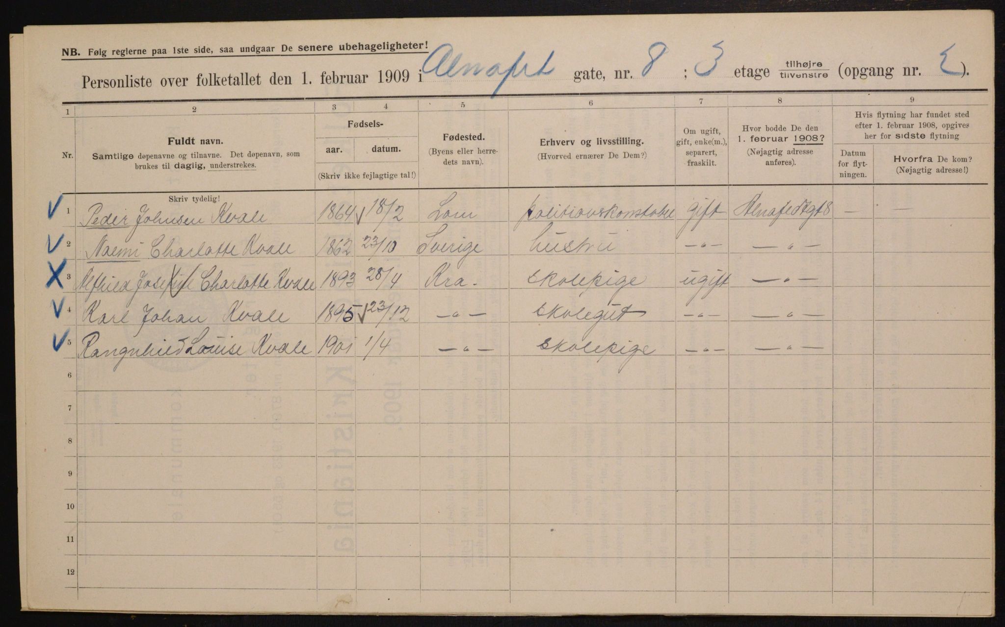 OBA, Municipal Census 1909 for Kristiania, 1909, p. 1147