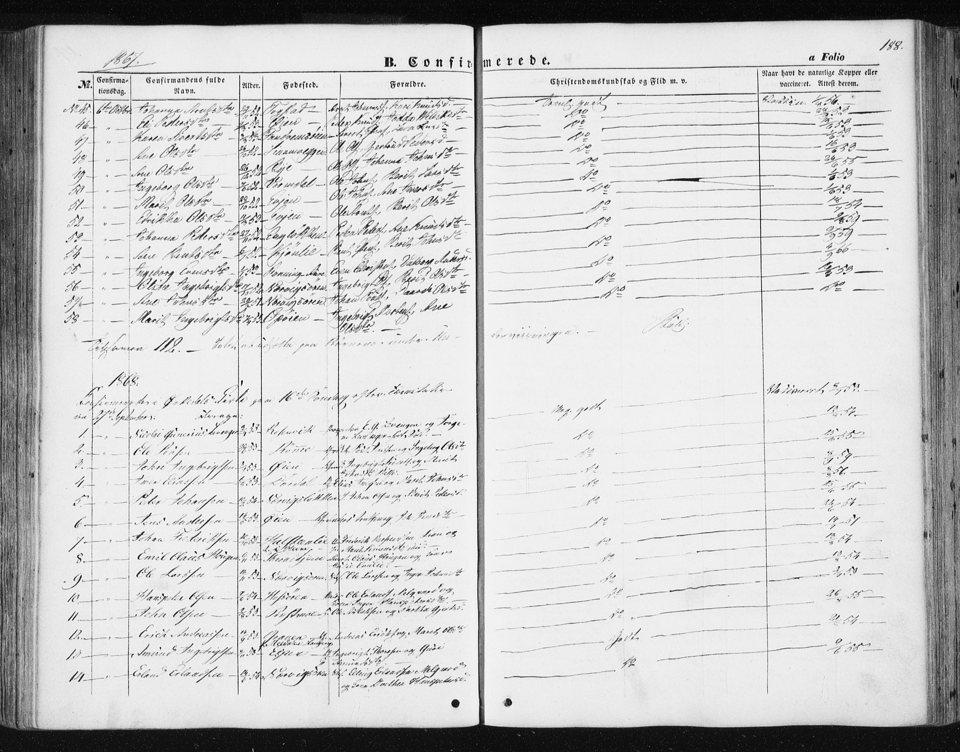 Ministerialprotokoller, klokkerbøker og fødselsregistre - Sør-Trøndelag, SAT/A-1456/668/L0806: Parish register (official) no. 668A06, 1854-1869, p. 188