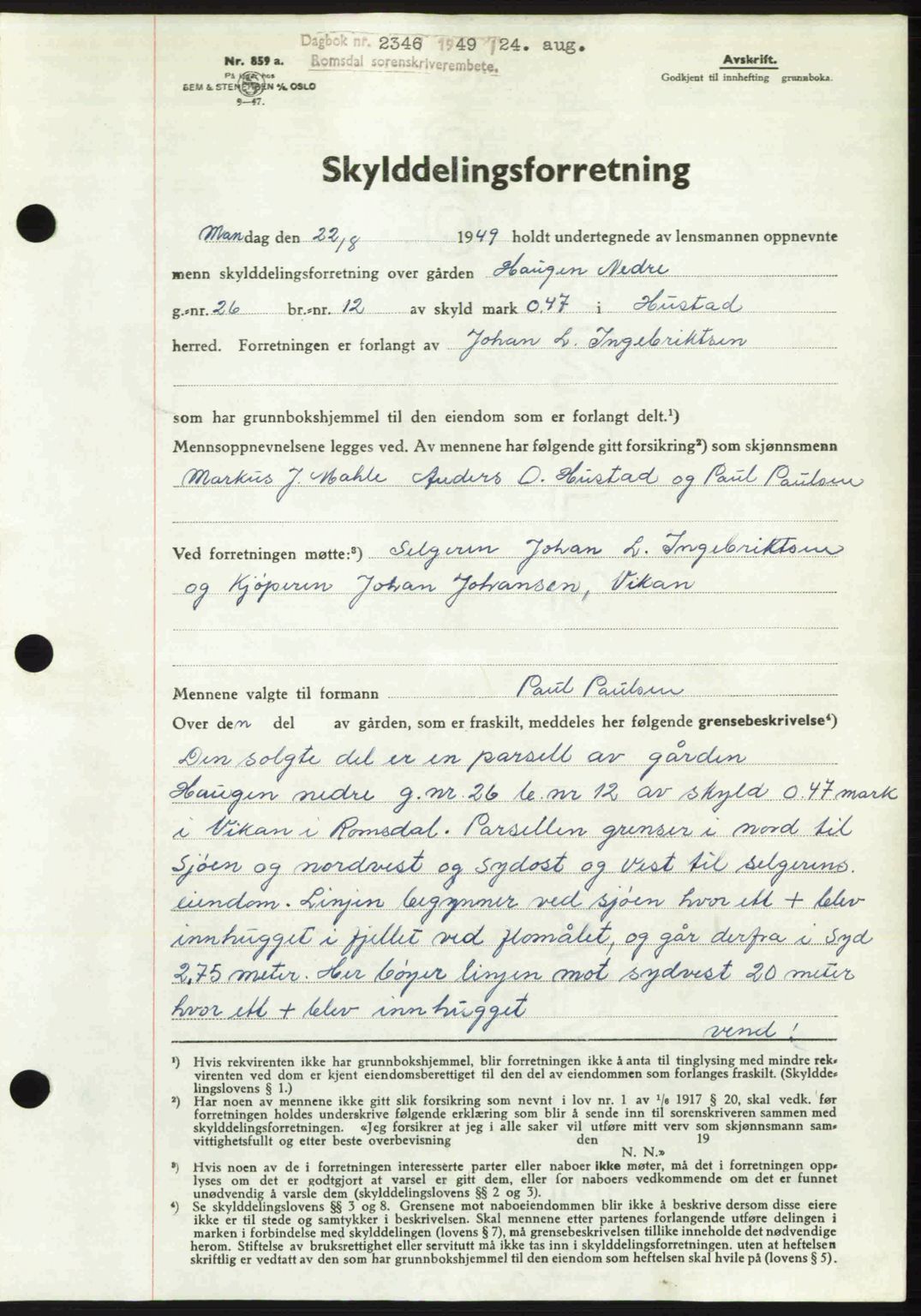 Romsdal sorenskriveri, AV/SAT-A-4149/1/2/2C: Mortgage book no. A30, 1949-1949, Diary no: : 2346/1949