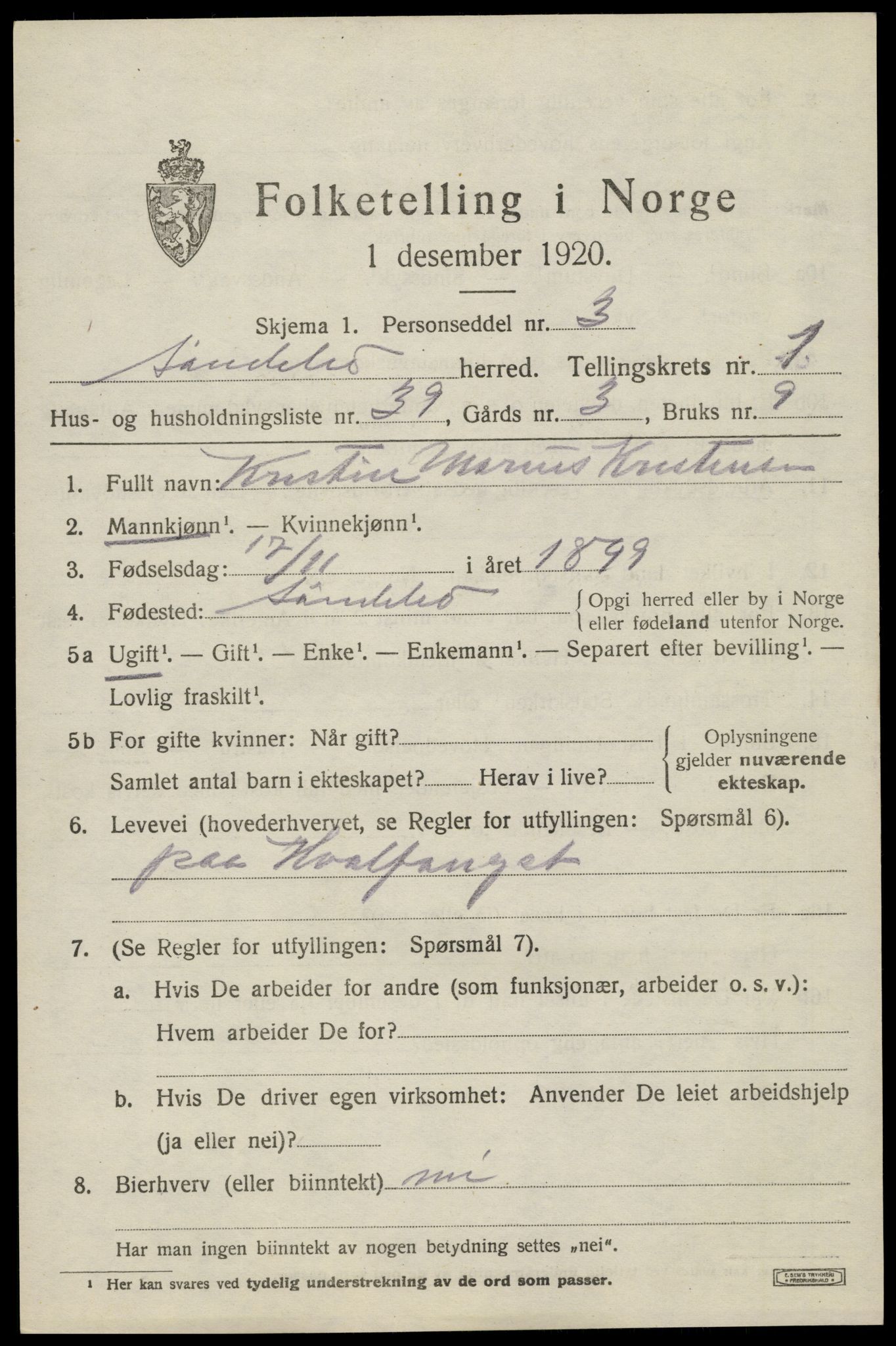 SAK, 1920 census for Søndeled, 1920, p. 1697