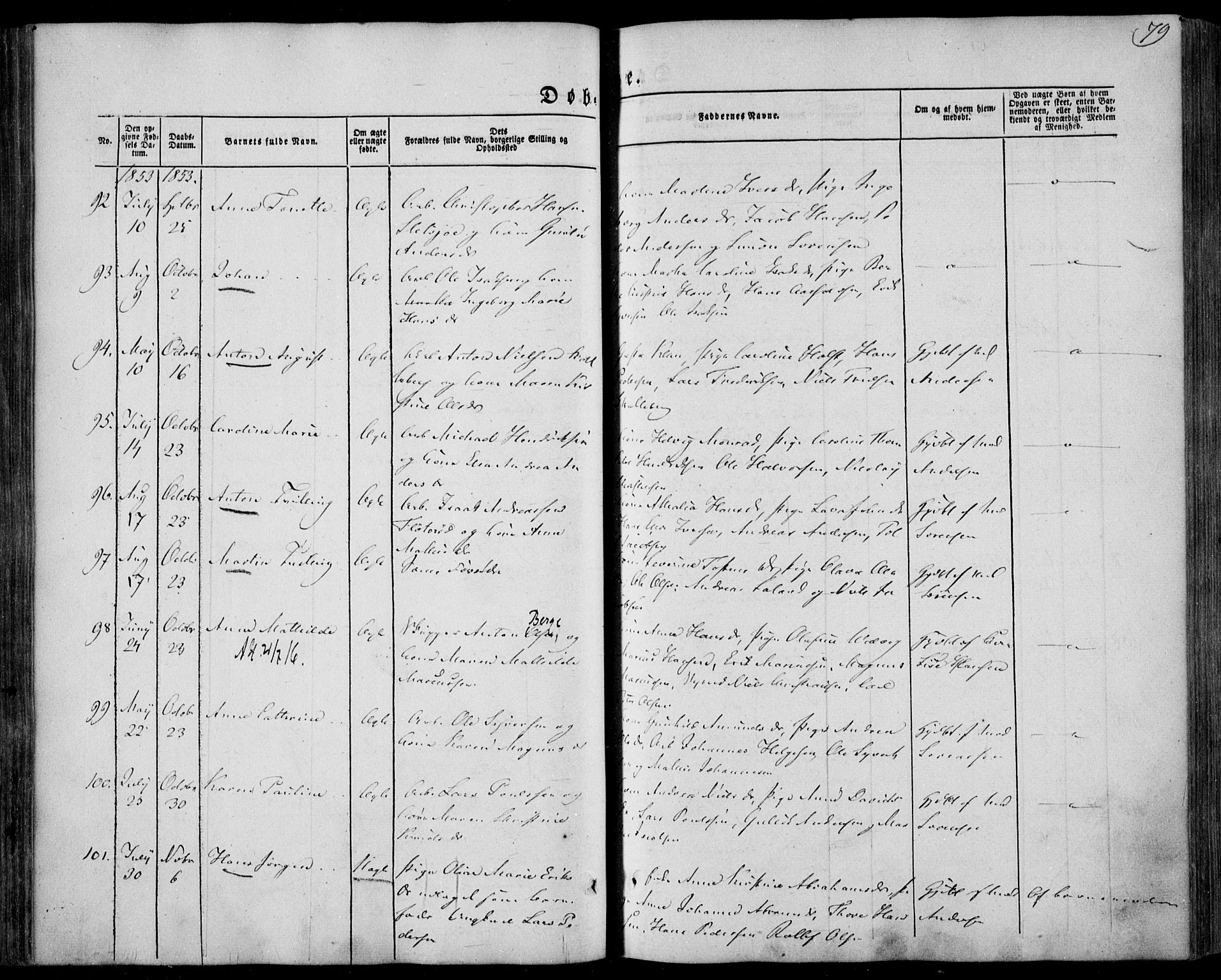 Larvik kirkebøker, AV/SAKO-A-352/F/Fa/L0003: Parish register (official) no. I 3, 1848-1856, p. 79