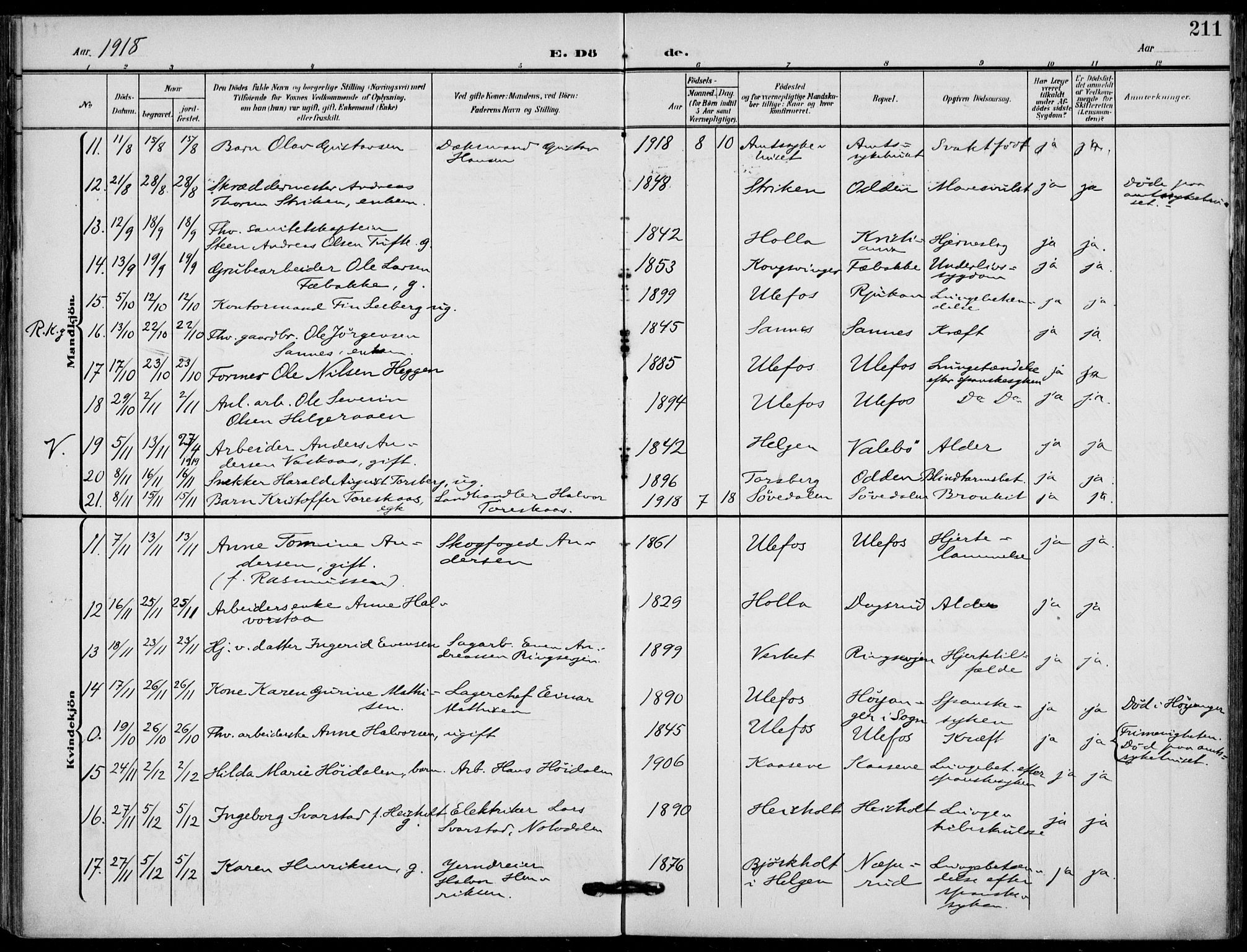 Holla kirkebøker, AV/SAKO-A-272/F/Fa/L0012: Parish register (official) no. 12, 1907-1923, p. 211