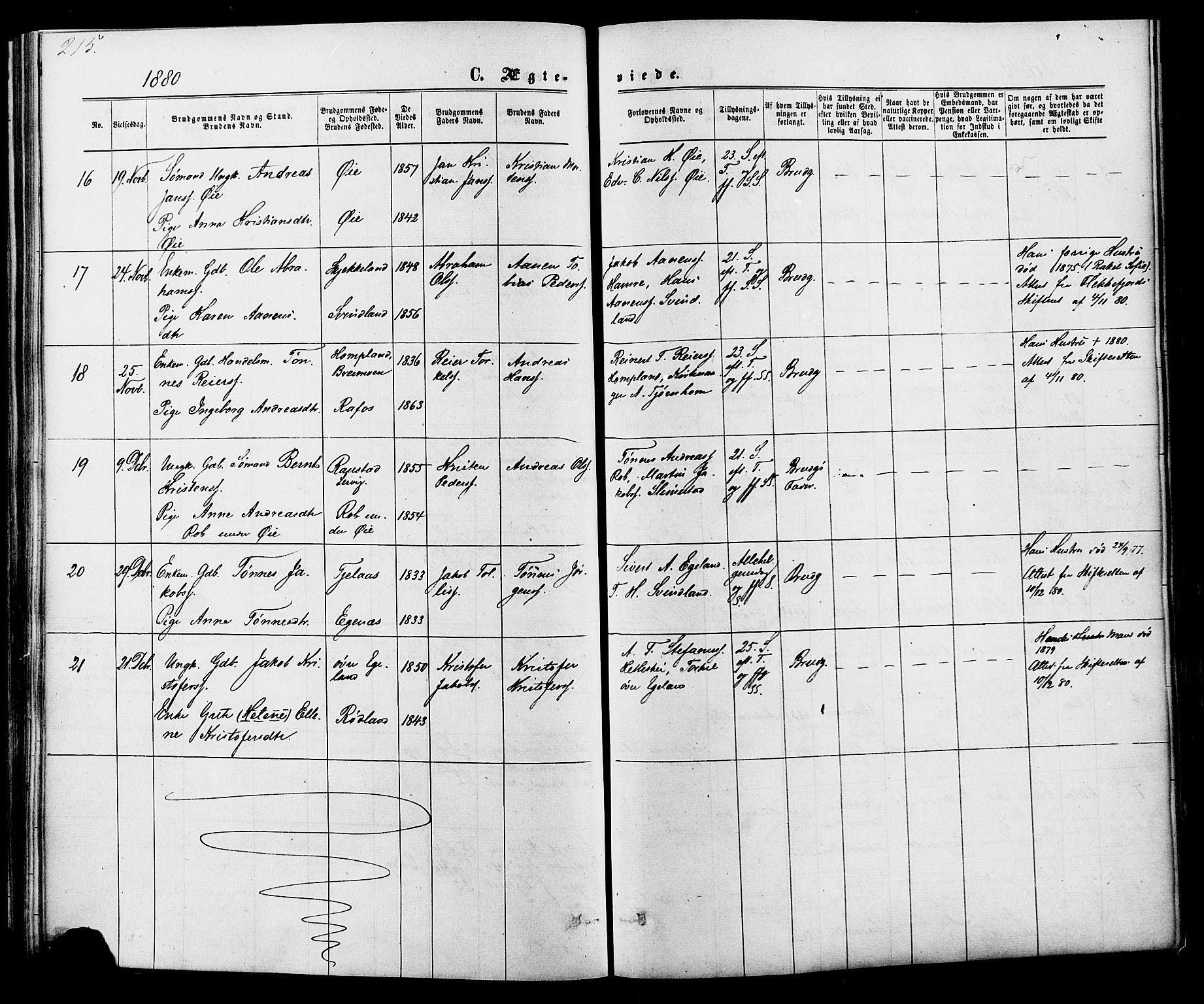 Kvinesdal sokneprestkontor, SAK/1111-0026/F/Fa/Fab/L0007: Parish register (official) no. A 7, 1870-1885, p. 215