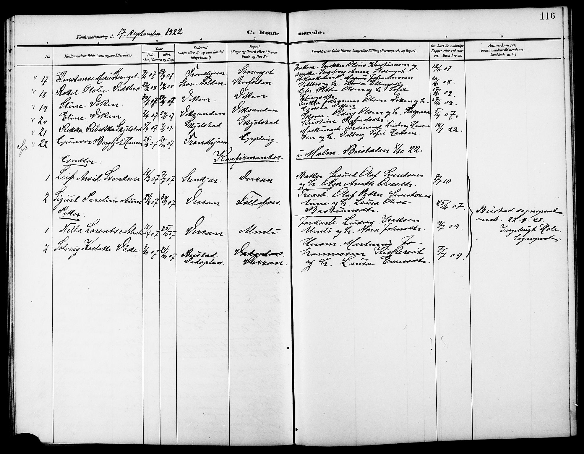 Ministerialprotokoller, klokkerbøker og fødselsregistre - Nord-Trøndelag, AV/SAT-A-1458/744/L0424: Parish register (copy) no. 744C03, 1906-1923, p. 116