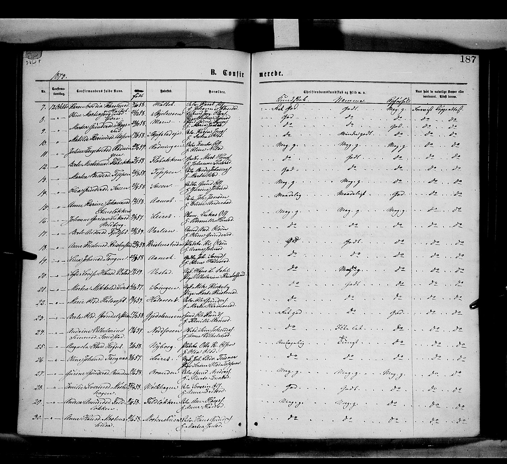 Elverum prestekontor, AV/SAH-PREST-044/H/Ha/Haa/L0011: Parish register (official) no. 11, 1869-1879, p. 187