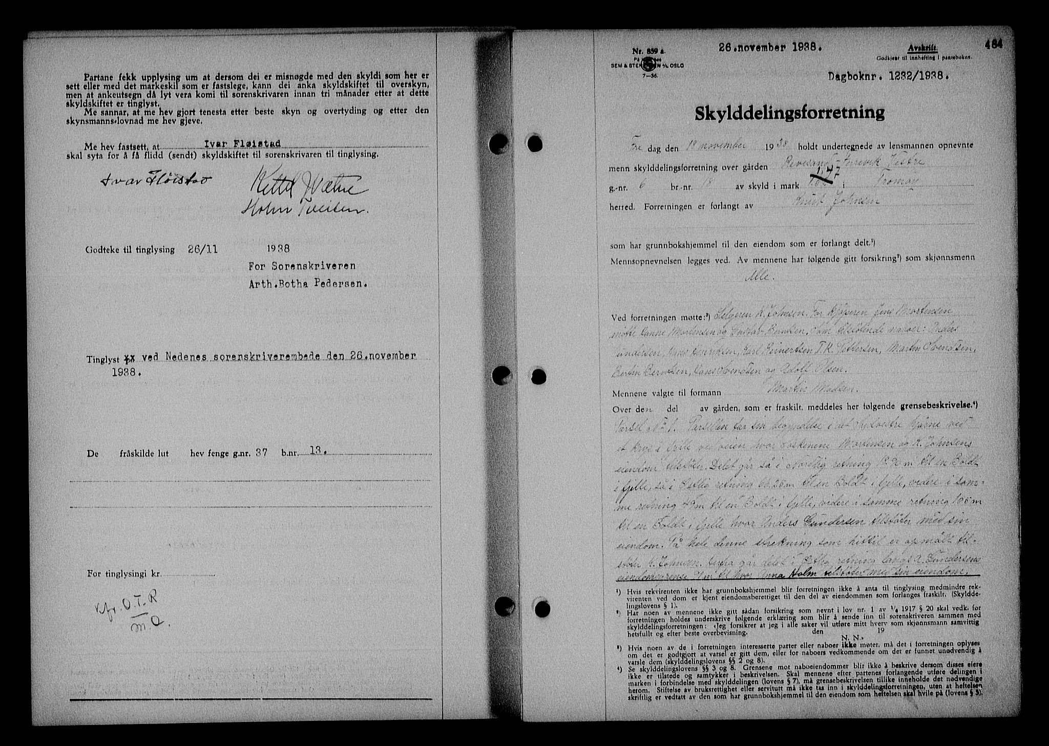 Nedenes sorenskriveri, SAK/1221-0006/G/Gb/Gba/L0045: Mortgage book no. 41, 1938-1938, Diary no: : 1232/1938