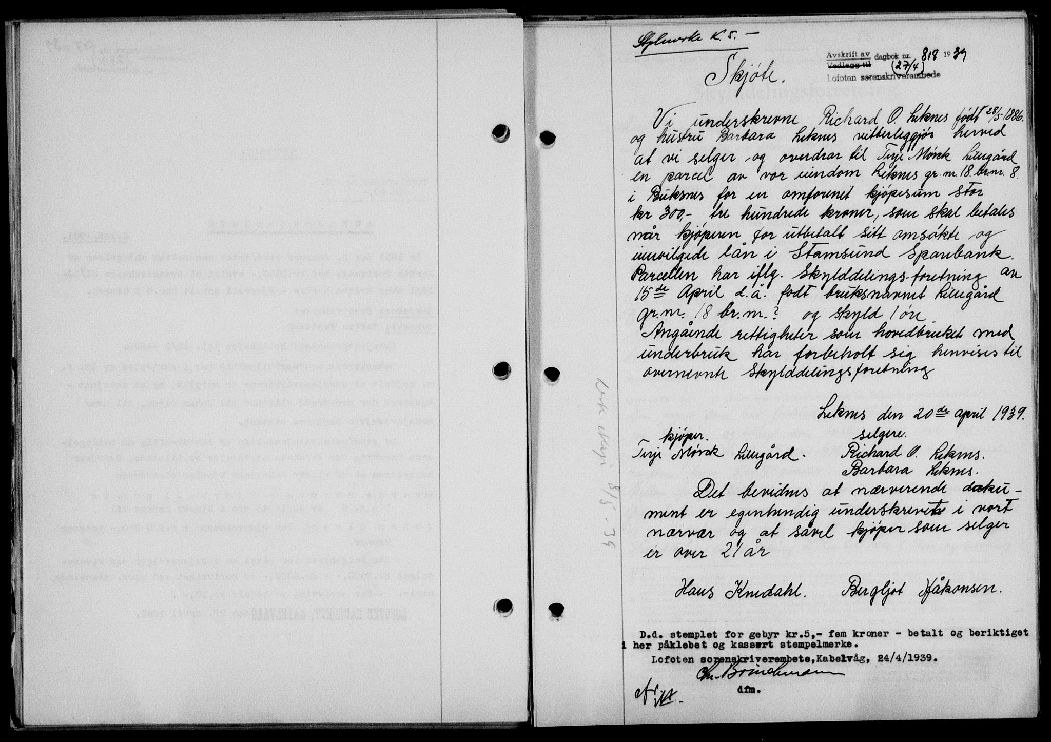Lofoten sorenskriveri, SAT/A-0017/1/2/2C/L0005a: Mortgage book no. 5a, 1939-1939, Diary no: : 818/1939