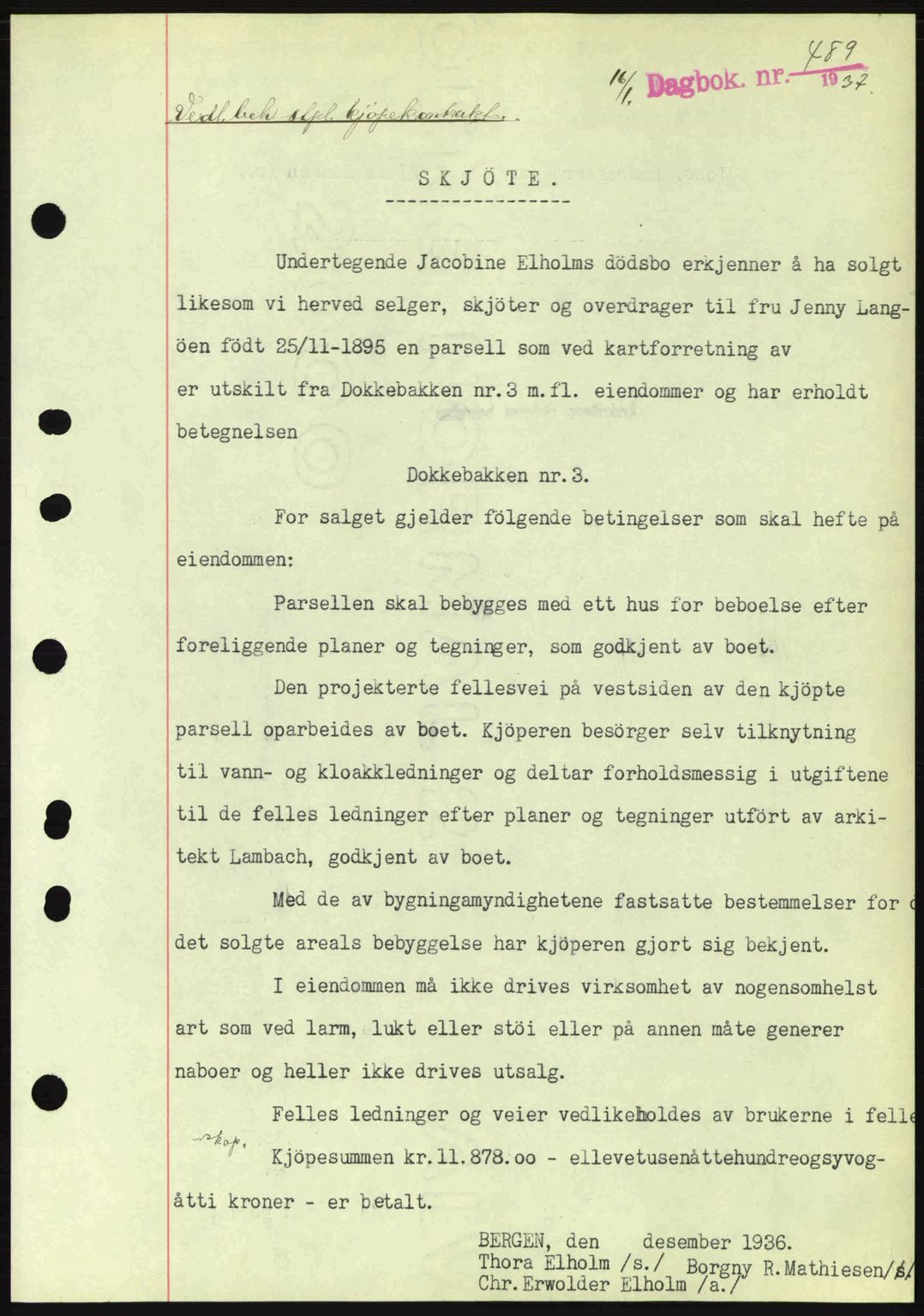 Byfogd og Byskriver i Bergen, SAB/A-3401/03/03Bc/L0004: Mortgage book no. A3-4, 1936-1937, Diary no: : 489/1937