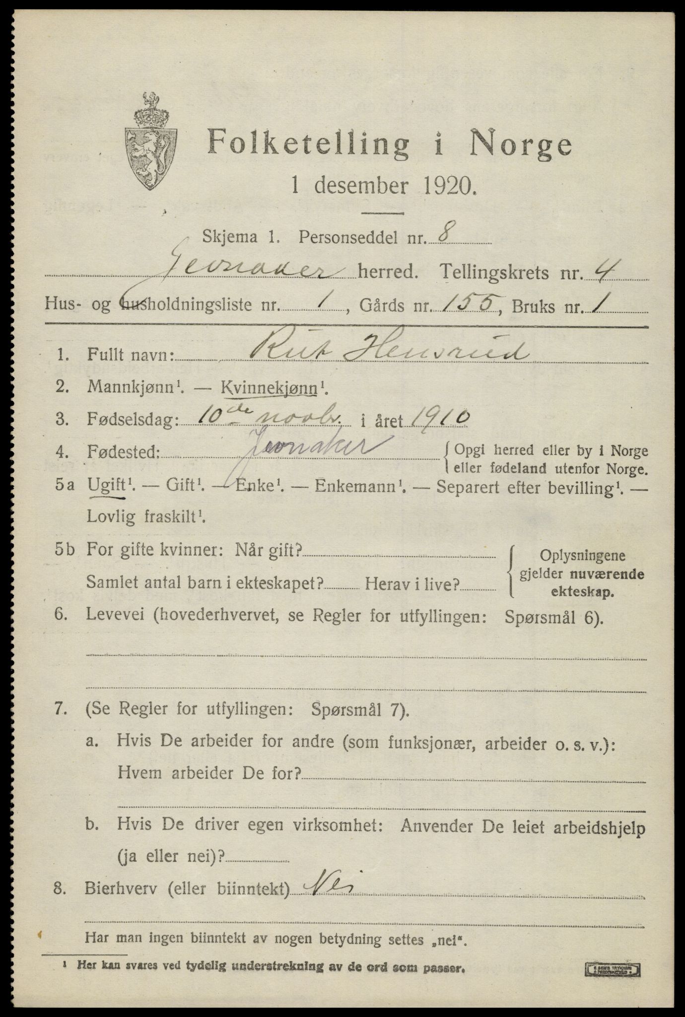 SAH, 1920 census for Jevnaker, 1920, p. 6401