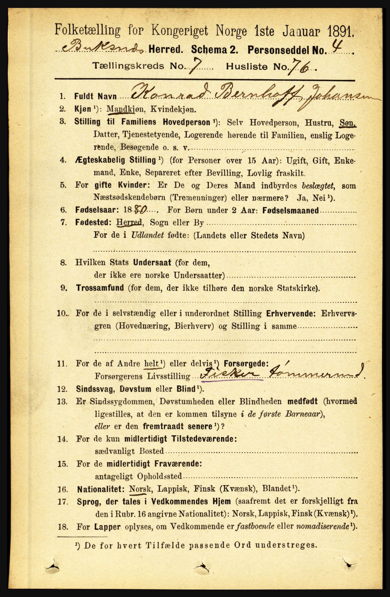 RA, 1891 census for 1860 Buksnes, 1891, p. 5474