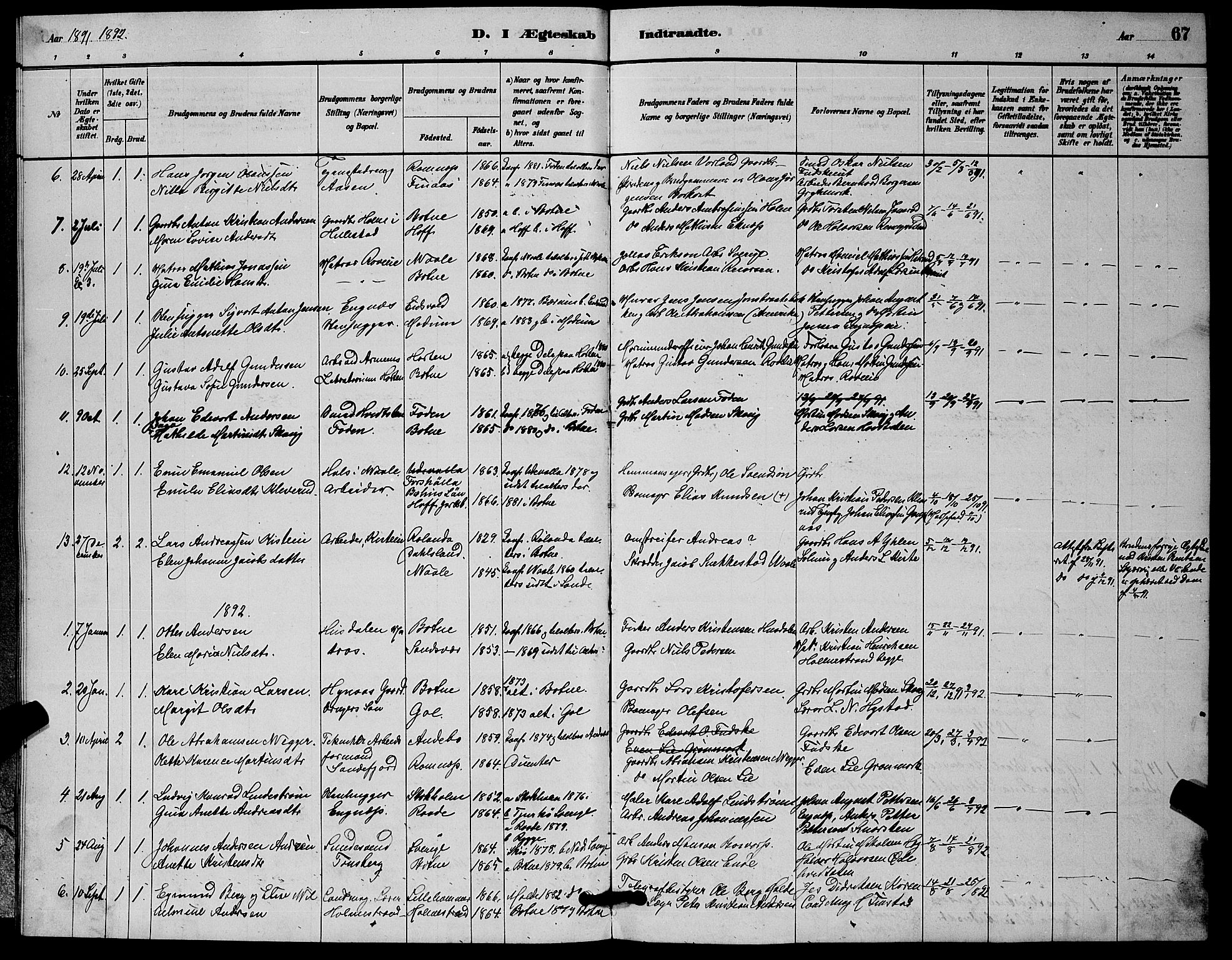 Botne kirkebøker, AV/SAKO-A-340/G/Ga/L0003: Parish register (copy) no. I 3, 1878-1898, p. 67